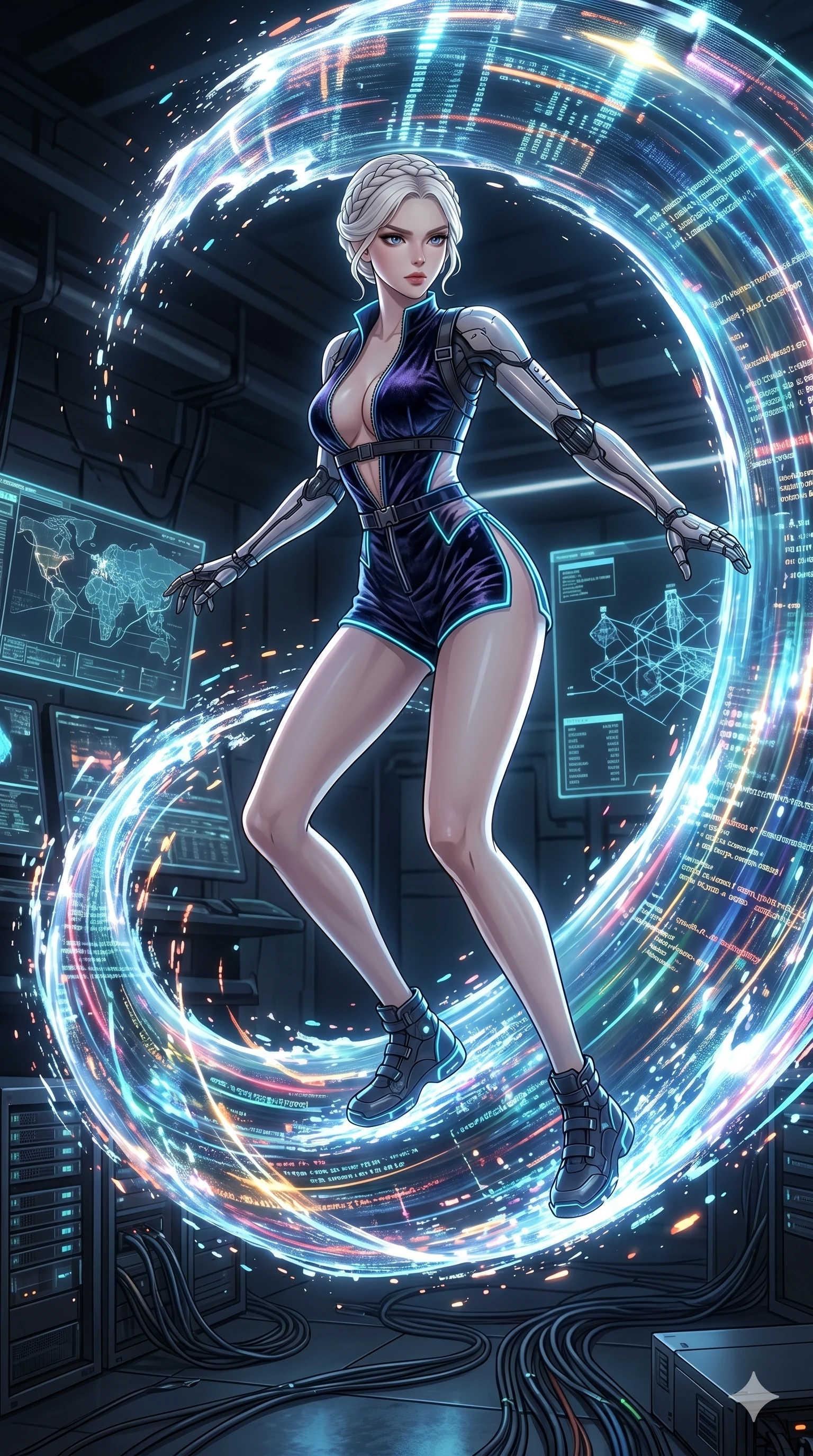 score_9, masterpiece, best quality, ultra-detailed, High-budget Anime Keyframe, vibrant colors, fluid line-art, expressive lighting, cinematic composition, Ufotable-style visual effects, top-tier animation quality, Korean woman with idol-like refined features. Dramatic low angle looking up at her majestic stature, dominating the vertical space of the composition. Surfing on a massive wave of pure data within a virtual world, the landscape changing rapidly as she speeds through. She has an absolutely perfect 8-heads proportion, an exceptionally tall and slender female figure with impossibly long slender legs and an ultra-slim waist, her statuesque height and towering silhouette dominating the vertical 9:16 frame. Her face is a masterpiece featuring a sharp v-shaped jawline, high-bridge nose, intricate jewel-like eyes with depth, thick eyelashes, and glossy lips with a natural sheen. She is wearing a Cyber-augmented streetwear featuring mechanical arm parts and a micro-shorts/harness combo crafted from Crushed dark velvet with a deep, rich texture that absorbs light and glows at the edges, unzipped deeply to reveal a daring glimpse of her chest and a high-cut leg line. The scene is set in an underground rebel bunker with flickering holographic screens and tactical maps, illuminated by cinematic lighting with dramatic rim light that highlights her slender silhouette. 2k, ultra detail, master piece, 9:16 ratio