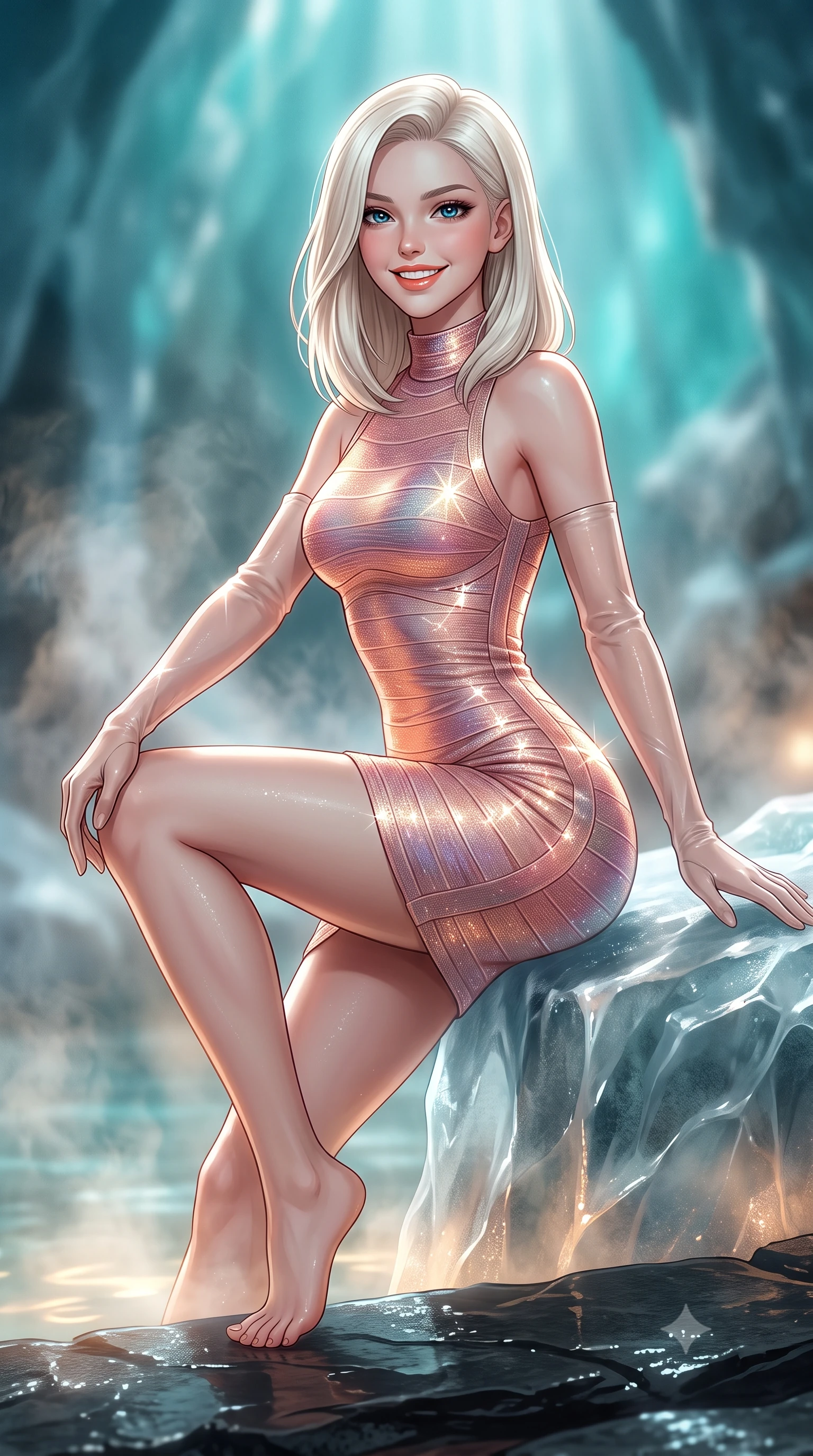 score_9, masterpiece, best quality, ultra-detailed, high-budget anime keyframe, editorial fashion photography, tasteful artistic composition, Caucasian woman. close-up cowboy shot from the waist and thighs up, the character dominates the composition, filling the frame with her large presence. perched sideways on the lounge seat, one knee drawn up to showcase her slender leg line while her arched back accentuates her feminine hip curve while standing poised on the heated black slate edge of the subterranean cryo-lagoon inside ancient glacial ice, arching her back with siren poise as warm mineral vapors rise. The background shows a soft-focus rising thermal mist softened in sub-glacial private thermal sanctuary shallow focus. She has an exceptionally elegant, slender, and willowy female figure with an ultra-slim waist, flat toned midriff, narrow ribcage, and sculpted feminine hips creating an alluring, slim hourglass silhouette without bulk. sharp v-shaped jawline, high-bridge nose, intricate jewel-like sparkling eyes with depth, thick eyelashes, glossy parted lips with a natural peach sheen, bright cheerful beaming smile with an enchanting and coquettish sensual glint, exuding both youthful cute charm and seductive allure, flawlessly proportioned anatomical accuracy, strict slender model proportions, natural body alignment, perfectly sculpted long slender limbs, ultra-slim waistline, clean dynamic posture without body distortion. wearing a dense bandage knit cyber-cocktail dress with mock neck hugging her delicate ribcage and hips like a second skin in Solaris liquid rose-quartz and alien peach, woven from stretch metallic lurex jersey casting radiant starlight glints across her curves, complemented by sheer opera-length evening gloves tracing her slender arms, the second-skin tailored fabric adhering flawlessly to her sculpted flat midriff and slender torso, emphasizing her long leg lines and perfectly proportioned willowy build. bathed in natural turquoise light filtering through dense glacial ice combined with soft warm 2700K underwater thermal LEDs. ultra-reflective glossy finish, specular highlights, rich textural contrasts, high-contrast stereoscopic depth, volumetric dynamic lighting, 2k, ultra detail, master piece, 9:16 ratio