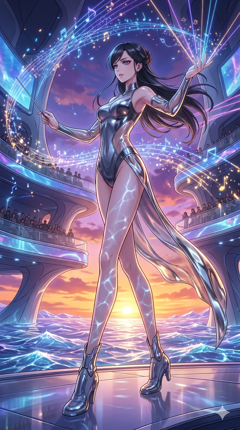 score_9, masterpiece, best quality, ultra-detailed, High-budget Anime Keyframe, vibrant colors, fluid line-art, expressive lighting, cinematic composition, Ufotable-style visual effects, top-tier animation quality, Japanese woman with delicate and elegant anime-inspired features. Cinematic low angle perspective showcasing her towering height and perfect 8-heads proportion. Orchestrating a complex symphony of laser lights and holographic projections in a grand futuristic concert hall. She has an absolutely perfect 8-heads proportion, an exceptionally tall and slender female figure with impossibly long slender legs and an ultra-slim waist, her statuesque height and towering silhouette dominating the vertical 9:16 frame. Her face is a masterpiece featuring a sharp v-shaped jawline, high-bridge nose, intricate jewel-like eyes with depth, thick eyelashes, and glossy lips with a natural sheen. She is wearing a High-cut leotard with metallic plating and translucent PVC panels on the sides crafted from Molten liquid mercury that flows and reflects the environment with metallic perfection, with a dangerous high slit that showcases her impossibly long slender legs. The scene is set in a vibrant sunset over a futuristic crystalline ocean with waves made of liquid light, illuminated by underwater caustic lighting with ripples of light dancing across her body. 2k, ultra detail, master piece, 9:16 ratio