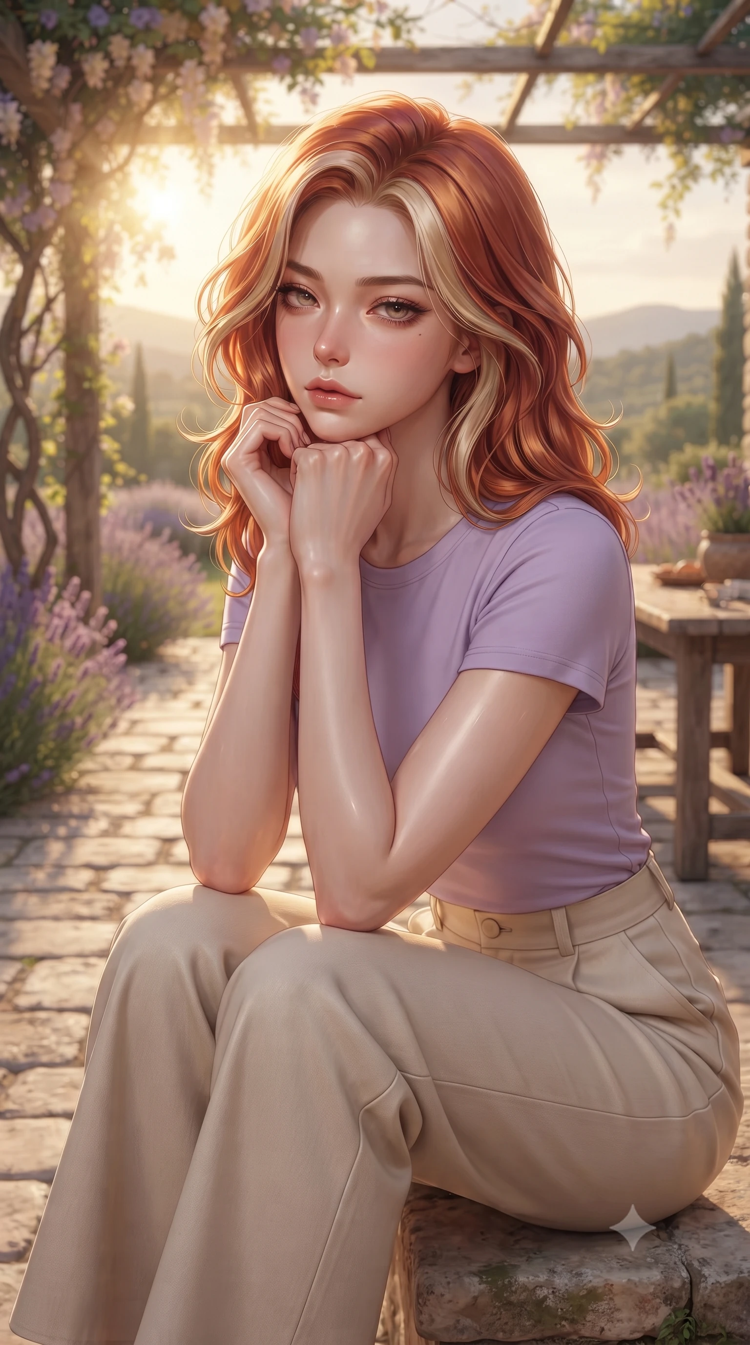 score_9, masterpiece, best quality, ultra-detailed, high-budget anime keyframe, editorial fashion photography, tasteful artistic composition, Caucasian woman woman. close-up cowboy shot from the waist and thighs up, the character dominates the composition, filling the frame with her large presence, background elements kept in soft focus. resting her chin on the backs of her fingers, casting a heavy-lidded, sultry look past the camera the background shows a soft-focus a lavender-lined stone patio of a country house in Provence, with a rustic wooden table. She has an exceptionally elegant, slender, and willowy female figure with an ultra-slim waist, a gracefully sculpted slender torso, and a refined silhouette. sharp v-shaped jawline, high-bridge nose, intricate jewel-like eyes with depth, thick eyelashes, glossy lips with a natural sheen. wearing a form-contouring simple lavender cotton tee paired with high-waisted beige wide-leg pants. soft golden afternoon sunbeams, casting a peaceful country glow. ultra-reflective glossy finish, specular highlights, metallic sheen, high-contrast stereoscopic depth, volumetric dynamic lighting, 2k, ultra detail, master piece, 9:16 ratio
