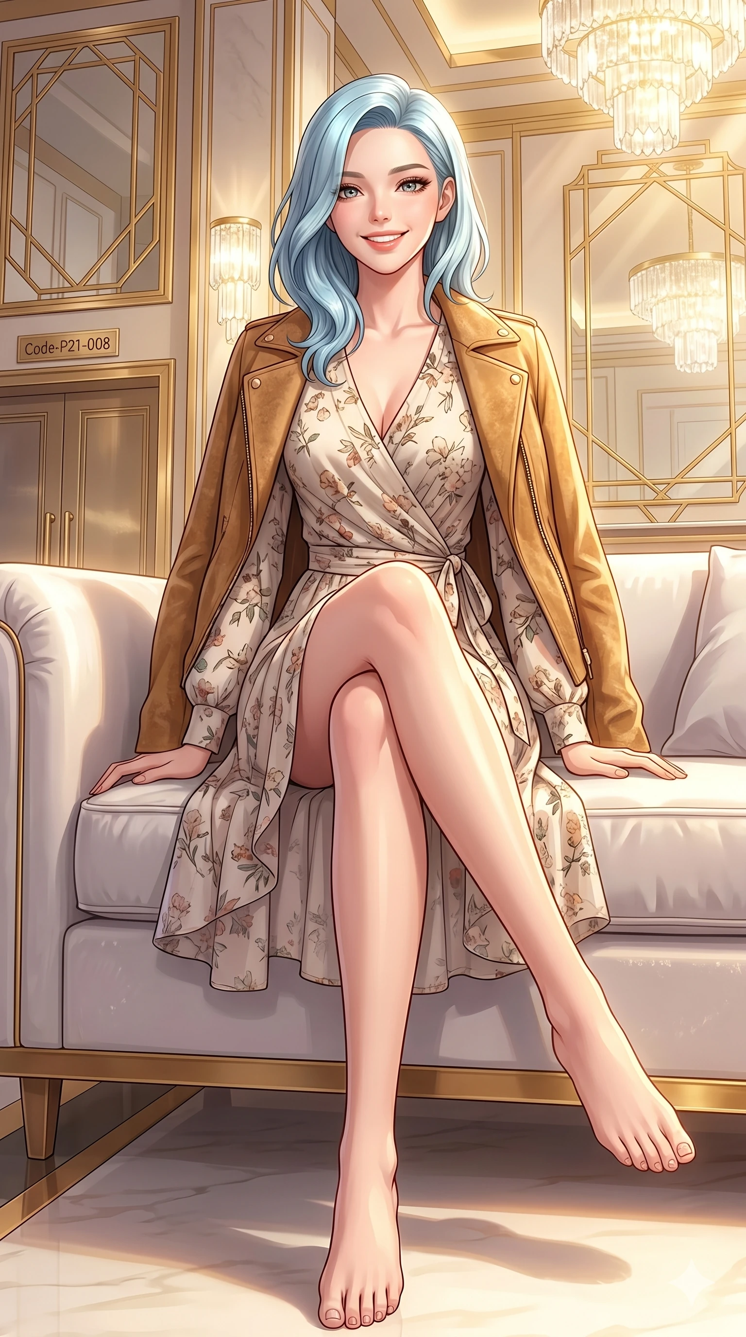 score_9, masterpiece, best quality, ultra-detailed, high-budget anime keyframe, vibrant anime aesthetic, Korean woman. low angle full-body shot from head to toe showing her feet, filling the entire 9:16 vertical frame with her statuesque presence, stretching her vertical silhouette. She is sitting on a white sofa with a happy, radiant smile, looking directly at the viewer inside an elegant art deco theater lobby with golden mirrors and bright crystal chandeliers (Code-P21-008). She has an absolutely perfect 8-heads proportion, an exceptionally tall and slender female figure with impossibly long slender legs and an ultra-slim waist. V-shaped jawline, high-bridge nose, intricate jewel-like eyes with depth, thick eyelashes, glossy lips with a natural sheen. wearing a floral print wrap dress with long sleeves and a suede jacket. She is bathed in a luminous, warm sunshine highlighting her winter silhouette and features. 2k, ultra detail, master piece, 9:16 ratio