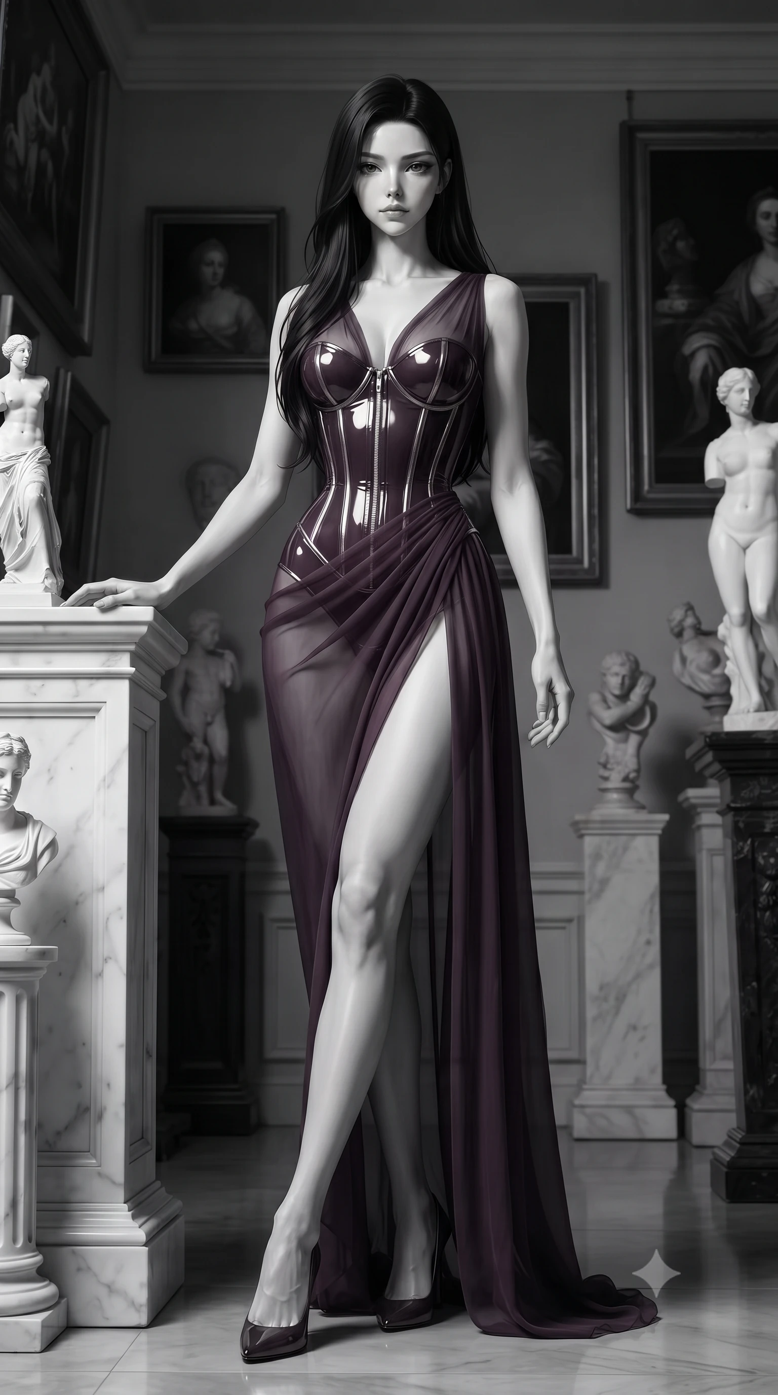 score_9, masterpiece, best quality, ultra-detailed, high-budget anime keyframe, editorial fashion photography, tasteful artistic composition, Korean woman. low angle full-body shot from head to toe showing her feet, filling the entire 9:16 vertical frame with her statuesque presence, stretching her vertical silhouette. navigating the private sanctuary with an effortless, graceful stride, resting against a white marble pedestal surrounded by classical art pieces, intellectual, superior aura with composed facial expression. She has an absolutely perfect, statuesque 8.5-heads proportion, an exceptionally tall and slender model-like female figure with impossibly long slender legs and an ultra-slim waist. sharp v-shaped jawline, high-bridge nose, intricate jewel-like eyes with depth, thick eyelashes, glossy lips with a natural sheen. wearing semi-opaque sheer dark chiffon gown revealing structured corset silhouette in dark plum violet, made of high-gloss liquid vinyl, finished with metallic silver boning and sleek zipper points, the fitted fabric emphasizing her ultra-slim waist. bathed in high-contrast black-and-white chiaroscuro with sharp key rays. ultra-reflective glossy finish, specular highlights, metallic sheen, high-contrast stereoscopic depth, volumetric dynamic lighting, 2k, ultra detail, master piece, 9:16 ratio