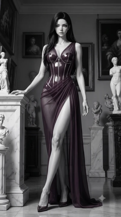 score_9, masterpiece, best quality, ultra-detailed, high-budget anime keyframe, editorial fashion photography, tasteful artistic composition, Korean woman. low angle full-body shot from head to toe showing her feet, filling the entire 9:16 vertical f