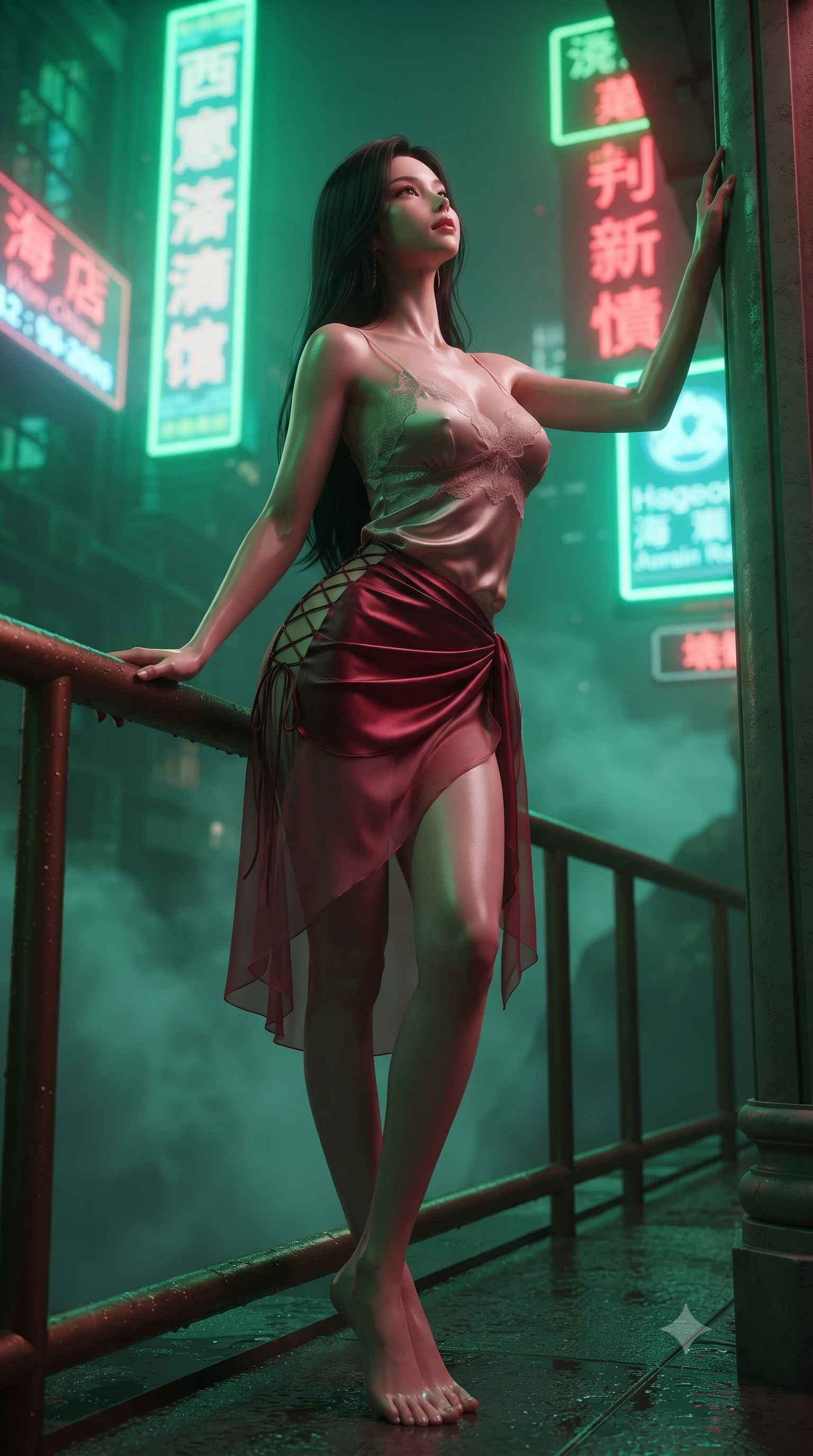 score_9, masterpiece, best quality, ultra-detailed, high-budget anime keyframe, editorial fashion photography, tasteful artistic composition, Korean woman. low angle full-body shot from head to toe showing her feet, filling the entire 9:16 vertical frame with her statuesque presence, stretching her vertical silhouette. standing tall beside the architectural column, one hand resting high while arching her lower back to emphasize her sculpted feminine hips and slender waist while leaning against the wet bronze guardrail with hips cocked back, looking through swirling night fog at towering holographic neon signs. The background shows a soft-focus swirling high-altitude mountain fog softened in cinematic blade-runner shallow focus. She has an absolutely perfect, statuesque 8.5-heads proportion, an exceptionally tall and slender model-like female figure with impossibly long slender legs, an ultra-slim waist, a flat toned midriff, narrow delicate ribcage, and beautifully sculpted feminine hips creating a graceful, slim hourglass silhouette without any bulky heaviness. sharp v-shaped jawline, high-bridge nose, sparkling eyes with hypnotic seductive depth, thick curled eyelashes, glossy parted lips with a natural dewy peach sheen, alluring bedroom-eyes with an enchanting coquettish smile, exuding magnetic siren charisma and sophisticated glamour, flawlessly proportioned anatomical accuracy, strict slender model proportions, natural body alignment, perfectly sculpted long slender limbs, ultra-slim waistline, clean dynamic posture without body distortion. wearing a delicate lace-trimmed silk camisole paired with a draped satin wrap sarong mini skirt with high side slit in smoldering crimson wine and deep rose-gold, made of sheer gossamer chiffon that drapes softly against skin with airy translucence, featuring fine criss-cross lace-up side ties revealing tantalizing glimpses of her hip curve, the liquid-tight tailored fabric clinging flawlessly to her narrow waist and rounded feminine hips, emphasizing every millimeter of her sculpted slim hourglass curves without any bulky heaviness. bathed in intense saturated green and crimson neon light spilling from harbor-wide laser displays. ultra-reflective glossy finish, specular highlights, rich textural contrasts, high-contrast stereoscopic depth, volumetric dynamic lighting, 2k, ultra detail, master piece, 9:16 ratio