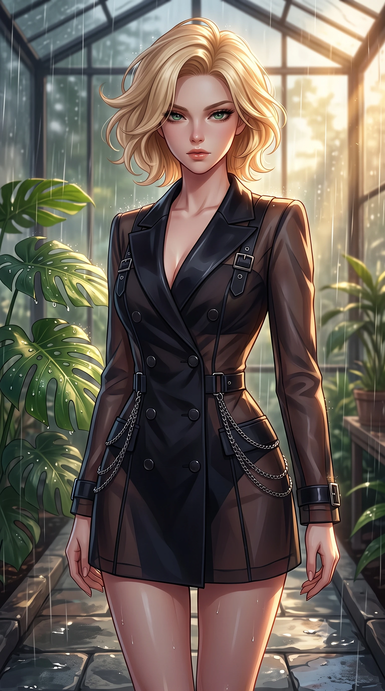 score_9, masterpiece, best quality, ultra-detailed, high-budget anime keyframe, editorial fashion photography, tasteful artistic composition, Caucasian woman. close-up cowboy shot from the waist and thighs up, the character dominates the composition, filling the frame with her large presence, background elements kept in soft focus. Casting a slow, direct gaze beneath heavy lashes with quiet intensity, poised on a wet stone walkway as rain streams down surrounding glass walls, dewdrops on large tropical monstera leaves catching sharp specular highlights. She has an exceptionally elegant, slender, and willowy female figure with an ultra-slim waist, a gracefully sculpted slender torso, and a refined silhouette. sharp v-shaped jawline, high-bridge nose, intricate jewel-like eyes with depth, thick eyelashes, glossy lips with a natural sheen. wearing tailored double-breasted obsidian blazer dress with silk lapels in pitch-black onyx, made of sheer dark organza overlay, framed by dark titanium buckles and silver chain details, highlighting her statuesque proportions and ultra-slim waistline. lit by low-key golden rays piercing through rain-streaked glass. highly saturated vibrant anime colors, detailed shading with soft gradients, rich glossy textures, high-contrast stereoscopic depth, volumetric dynamic lighting, master piece, 9:16 ratio