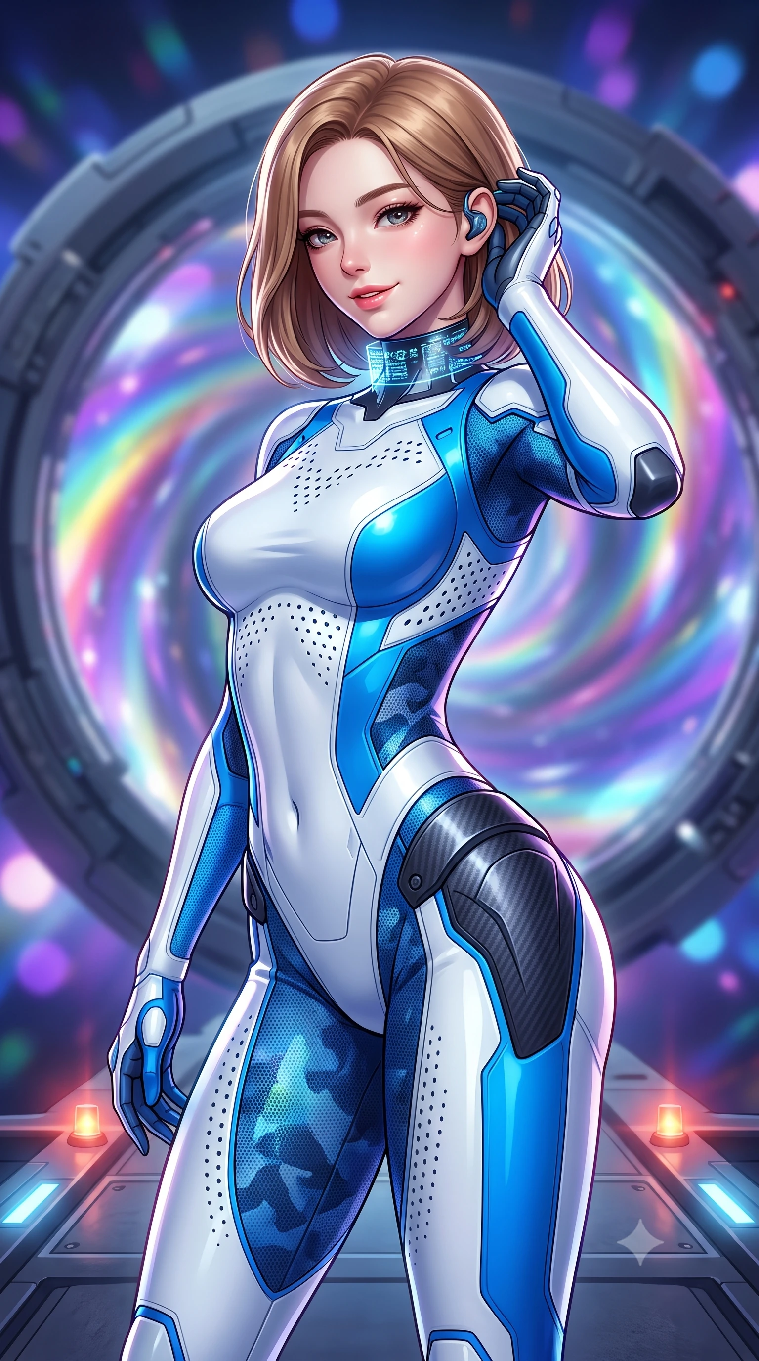 score_9, masterpiece, best quality, ultra-detailed, high-budget anime keyframe, semi-realistic 3D game render, editorial fashion photography, tasteful artistic composition, Korean woman. close-up cowboy shot from the waist and thighs up, the character dominates the composition, filling the frame with her large presence. tilting her head with a captivating smile while arching her spine with dancer poise, one hand adjusting her ear comm-link in a flirtatious S-curve while standing poised on the open launch platform facing the swirling cosmic hyperspace vortex, arching her spine with sovereign supermodel poise. The background shows a soft-focus the colossal spinning warp gate ring and swirling rainbow vortex of folded spacetime blurred into prism, violet, and electric blue bokeh. She has an exceptionally elegant, slender, and willowy female figure with an ultra-slim waist, flat toned midriff, narrow ribcage, and sculpted feminine hips creating an alluring, slim hourglass silhouette without bulk. sharp v-shaped jawline, high-bridge nose, intricate jewel-like sparkling eyes with depth, thick eyelashes, glossy parted lips with a natural sheen, bright confident smile with an enchanting and coquettish sensual glint, exuding both youthful magnetic charm and sovereign high-tech allure, flawlessly proportioned anatomical accuracy, strict slender model proportions, natural body alignment, perfectly sculpted long slender limbs, ultra-slim waistline, clean dynamic posture without body distortion. wearing a second-skin cybernetic stealth suit with active-camo optical mesh and sculpted carbon hip guards in arctic snowflake white and electric plasma blue, made of high-grade ballistic nylon with precision laser-cut perforations, complemented by a high-tech holographic choker projecting miniature glyphs, the form-contouring cut accentuating her sculpted flat midriff, narrow delicate ribcage, and gracefully curvy hips with cybernetic supermodel precision. illuminated by platform safety beacons and sharp platinum rim lights sculpting her razor-sharp jawline, narrow waist, and curvy hips. highly saturated vibrant anime colors, detailed shading with soft gradients, rich glossy textures, high-contrast stereoscopic depth, volumetric dynamic lighting, master piece, 9:16 ratio
