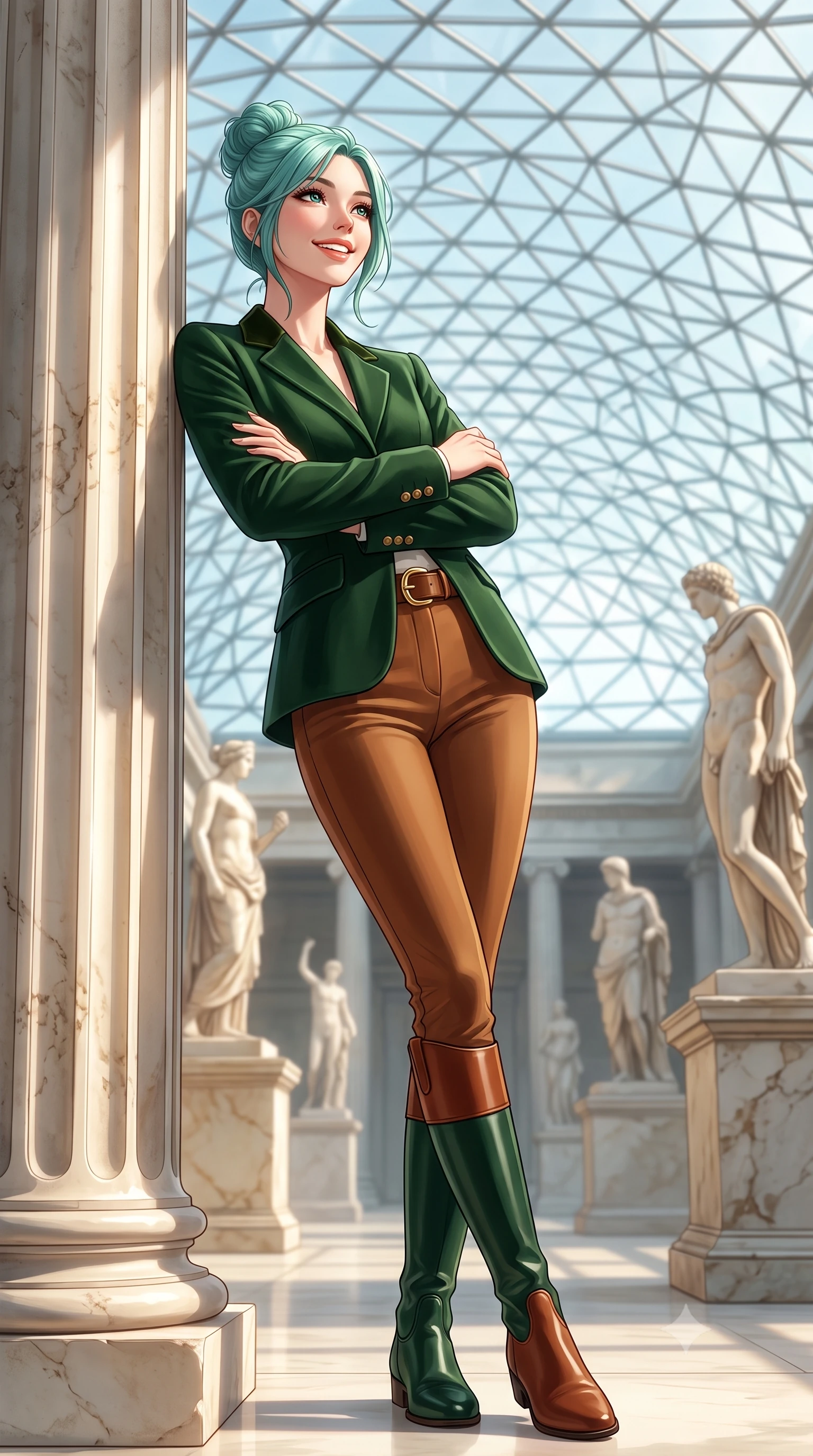 score_9, masterpiece, best quality, ultra-detailed, high-budget anime keyframe, semi-realistic 3D game render, editorial fashion photography, tasteful artistic composition, Japanese woman. low angle full-body shot from head to toe showing her feet, filling the entire 9:16 vertical frame with her statuesque presence, stretching her vertical silhouette. leaning lightly against the sunlit architectural column with arms crossed loosely, flashing a warm, confident smile while standing poised beneath the monumental geodesic glass roof canopy, gazing upward with an inspired, breathtaking smile. The background shows a soft-focus classical Greek sculptures on pedestals softened in majestic cultural sanctuary shallow focus. She has an exceptionally tall and slender model-like 8.5-heads proportion, an ultra-slim waist, a flat toned midriff, narrow delicate ribcage, and beautifully sculpted feminine hips creating a graceful, slim hourglass silhouette without any bulky heaviness, with impossibly long slender legs. sharp v-shaped jawline, high-bridge nose, intricate jewel-like sparkling eyes with depth, thick eyelashes, glossy parted lips with a natural peach sheen, bright cheerful beaming smile with an enchanting and coquettish sensual glint, exuding both youthful cute charm and seductive allure, flawlessly proportioned anatomical accuracy, strict slender model proportions, natural body alignment, perfectly sculpted long slender limbs, ultra-slim waistline, clean dynamic posture without body distortion. wearing a tailored velvet collar wool equestrian blazer paired with slim-cut riding trousers and knee-high leather boots in heritage British racing green and warm cognac brown, crafted from rich cotton velvet with deep light-absorbing pile and soft gradients, finished with a smooth equestrian bridle-leather belt with a polished brass horseshoe buckle, the expertly draped wool fabric falling in crisp fluid lines along her tall 8.5-heads silhouette, celebrating her slender frame without excess fabric bulk. illuminated by pale stone reflection bounce and sharp platinum rim lights sculpting her jawline, narrow waist, and statuesque proportions. highly saturated vibrant anime colors, detailed shading with soft gradients, rich glossy textures, high-contrast stereoscopic depth, volumetric dynamic lighting, master piece, 9:16 ratio
