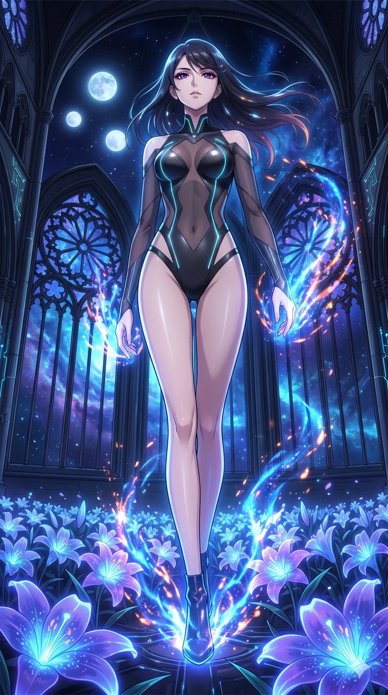score_9, masterpiece, best quality, ultra-detailed, High-budget Anime Keyframe, vibrant colors, fluid line-art, expressive lighting, cinematic composition, Ufotable-style visual effects, top-tier animation quality, Japanese woman with delicate and elegant anime-inspired features. Low angle cowboy shot filling the entire 9:16 frame with her statuesque presence, looking up to emphasize her height. Walking gracefully through a field of bioluminescent lilies that glow brighter as she passes, under a sky filled with three moons. She has an absolutely perfect 8-heads proportion, an exceptionally tall and slender female figure with impossibly long slender legs and an ultra-slim waist, her statuesque height and towering silhouette dominating the vertical 9:16 frame. Her face is a masterpiece featuring a sharp v-shaped jawline, high-bridge nose, intricate jewel-like eyes with depth, thick eyelashes, and glossy lips with a natural sheen. She is wearing a Molten metal-look bodysuit with daring cut-outs and a high-cut silhouette crafted from Carbon-fiber weave with a high-tech matte finish and integrated glowing filaments, with sheer fabric transparency over her delicate curves and a high-cut silhouette. The scene is set in a majestic gothic cathedral in deep space with massive windows overlooking a swirling nebula, illuminated by intense energy flares from her powers illuminating the scene with brilliant light. 2k, ultra detail, master piece, 9:16 ratio