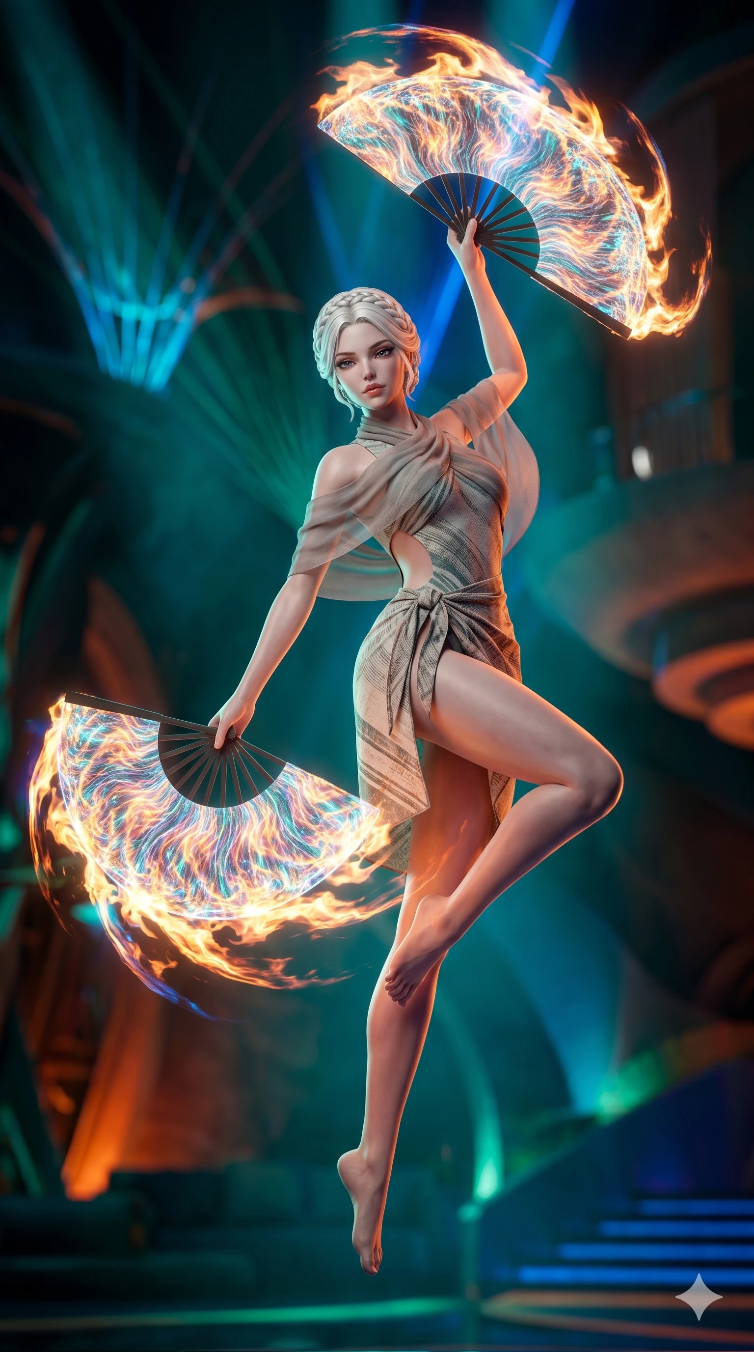 score_9, masterpiece, best quality, ultra-detailed, photorealistic 8k CG, hyper-detailed textures, ray-tracing, Caucasian (strictly human ears) woman. Mid-air action shot capturing a graceful twist and vertical silhouette. performing a traditional fan dance with fans made of holographic fire. She has an absolutely perfect 8-heads proportion, an exceptionally tall and slender female figure with an ultra-slim waist and impossibly long slender legs. strictly human anatomy, two legs only, no extra limbs, clearly defined legs and arms, perfect anatomy, perfect hands and fingers. sharp v-shaped jawline, high-bridge nose, intricate jewel-like eyes, thick eyelashes, glossy lips. Wearing Seasonal/Resort: High-cut one-piece with sarong, linen sundress with tie-back, and sheer fabric wrap. The scene is illuminated by dramatic atmospheric lighting and vibrant color palettes. , 2k, ultra detail, master piece, 9:16 ratio