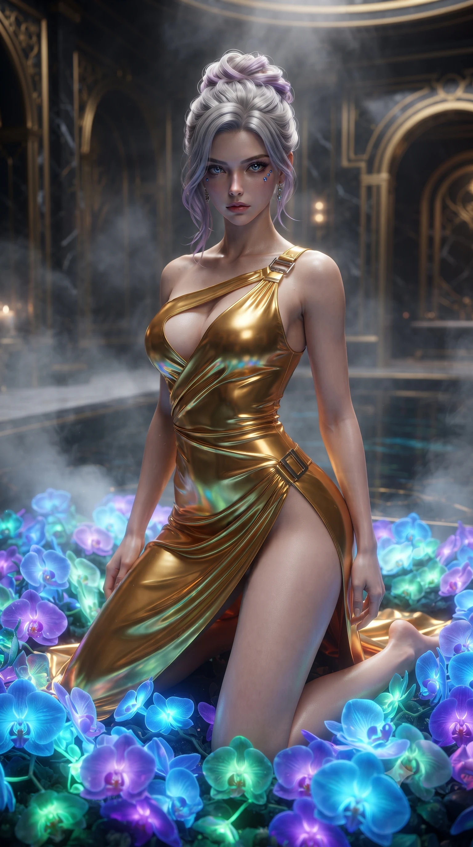 score_9, masterpiece, best quality, ultra-detailed, High-budget Anime Keyframe, editorial fashion photography, tasteful artistic composition, realistic cosplay photography, Caucasian woman, strictly human ears. Low angle cowboy shot filling the entire 9:16 frame with her statuesque presence. Scenario 283: kneeling on a soft bed of glowing neon orchids under a steam-filled bathhouse built of black obsidian stone and gold accents. Her presence is magnetic and overpowering in this high-budget cinematic scene. Outfit 283: a tailored molten liquid silk gold with a low-cut shoulder and metallic buckles. The clothing is designed to emphasize her exceptionally tall and slender 8-heads proportion. 8-heads proportion, towering silhouette, ultra-slim waist. sharp v-shaped jawline, intricate jewel-like eyes with depth, thick eyelashes, glossy lips. ultra-reflective glossy finish, specular highlights, metallic sheen, high-contrast stereoscopic depth, volumetric dynamic lighting, 2k, ultra detail, master piece, 9:16 ratio