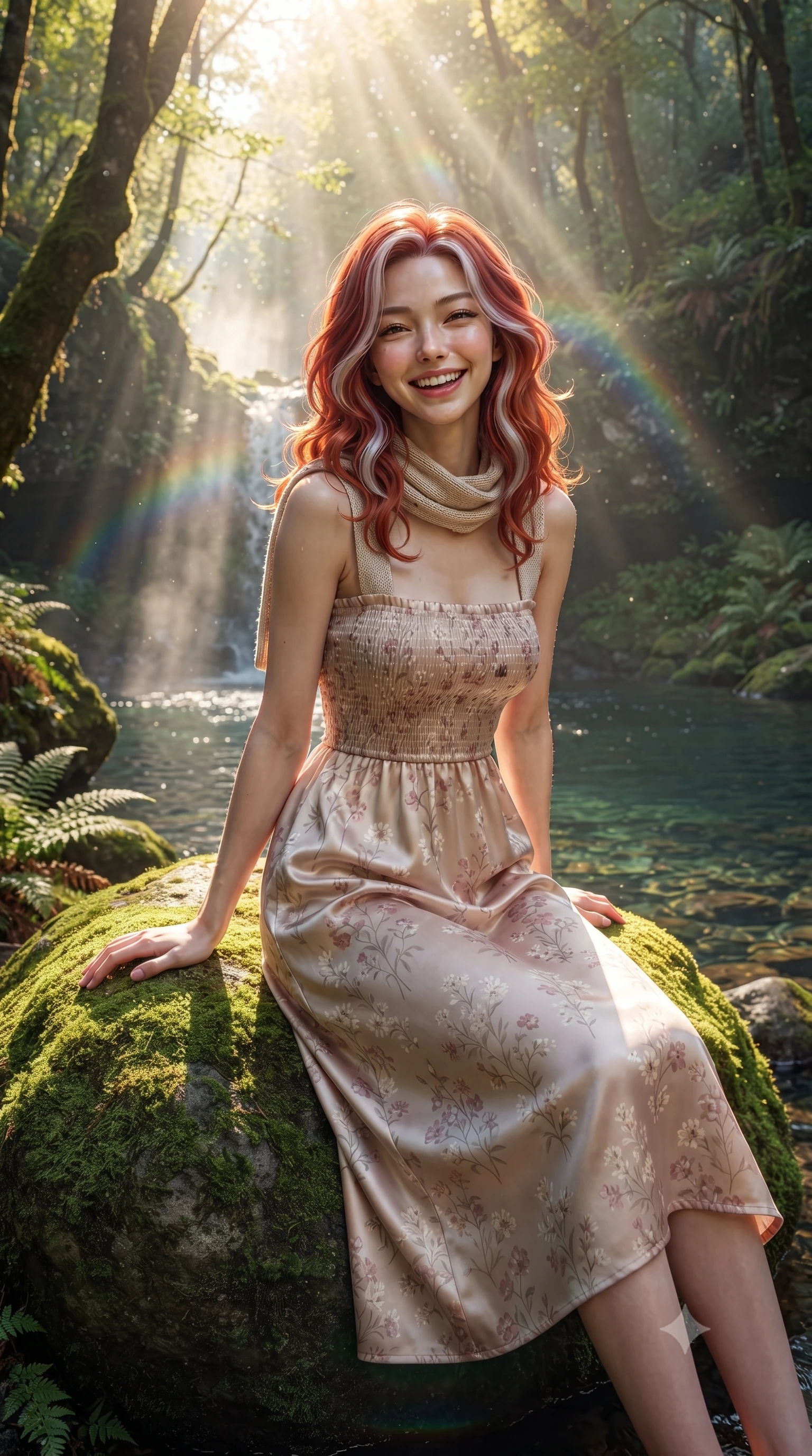 score_9, masterpiece, best quality, ultra-detailed, high-budget anime keyframe, editorial fashion photography, tasteful artistic composition, Caucasian woman. close-up cowboy shot from the waist and thighs up, the character dominates the composition, filling the frame with her large presence. laughing cheerfully with genuine delight, eyes crinkling sweetly as natural golden sunlight illuminates her glowing cheeks while resting gracefully on an emerald moss-covered boulder by a tranquil natural pool, smiling warmly at the viewer. The surrounding environment is rendered in vivid detail and crisp panoramic clarity. deep woodland chiaroscuro and magical natural water sanctuary aesthetics rendered with precision. She has an exceptionally elegant, slender, and willowy female figure with an ultra-slim waist, a gracefully sculpted slender torso, toned flat midriff, and a refined slim silhouette. sharp v-shaped jawline, high-bridge nose, intricate jewel-like eyes with depth, thick eyelashes, glossy lips with a natural sheen, pure and lovely fresh girlhood expression, flawlessly proportioned anatomical accuracy, strict slender model proportions, natural body alignment, perfectly sculpted long slender limbs, ultra-slim waistline, clean dynamic posture without body distortion. wearing a sweet square-neck smocked midi dress decorated with delicate wildflower patterns in soft dusty rose and oatmeal beige, crafted from smooth fluid silk satin with a natural gentle sheen, finished with a lightweight knitted scarf draped loosely around her neck, the relaxed yet flattering fit accentuating her naturally graceful and slender figure, highlighting her youthful charm and lovely silhouette. bathed in ethereal sunbeams piercing through waterfall mist, creating radiant rainbow refractions. ultra-reflective glossy finish, specular highlights, rich natural textures, high-contrast stereoscopic depth, volumetric dynamic lighting, 2k, ultra detail, master piece, 9:16 ratio