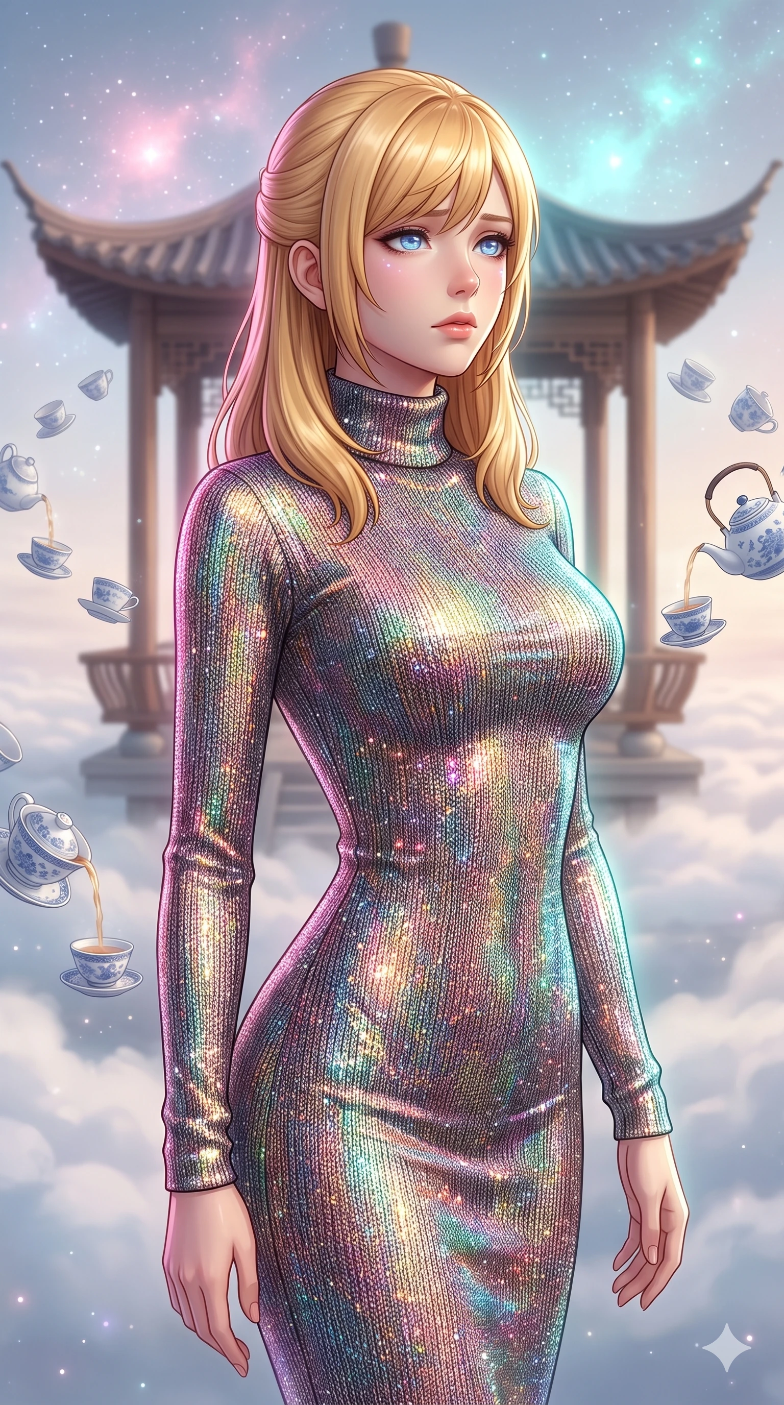 score_9, masterpiece, best quality, ultra-detailed, high-budget anime keyframe, editorial fashion photography, tasteful artistic composition, Caucasian woman, strictly human ears. close-up cowboy shot from the waist and thighs up, the character dominates the composition, filling the frame with her large presence, background elements kept in soft focus. Gazing into the distance with a wistful melancholic expression and softly glowing eyes. set against a soft-focus background of a traditional wooden tea pavilion hovering serenely on wisps of cloud with delicate blue-and-white porcelain teacups saucers and kettles orbiting gracefully in slow circles pouring themselves. She has an exceptionally elegant and slender, willowy female figure with an ultra-slim waist, a gracefully sculpted slender torso, and a refined slim physique. sharp v-shaped jawline, high-bridge nose, intricate jewel-like eyes with depth, thick eyelashes, glossy lips with a natural sheen. wearing a long-sleeve fitted turtleneck dress in a shimmering multi-colored metallic knit, the bright color particles tracing every line of her slender form. starlight and nebula glow casting soft cosmic pink and cyan highlights on her form. 2k, ultra detail, master piece, 9:16 ratio