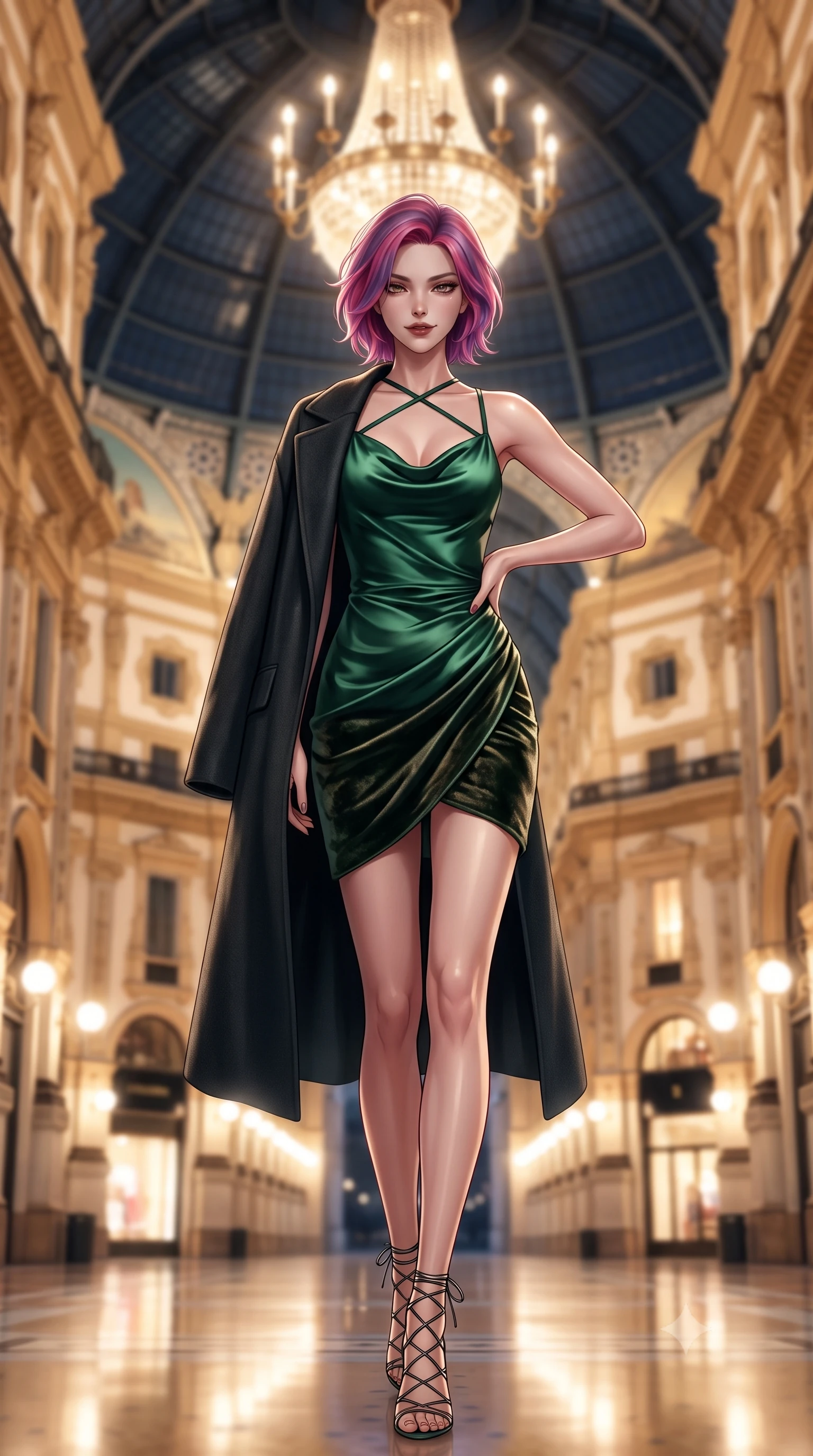 score_9, masterpiece, best quality, ultra-detailed, high-budget anime keyframe, editorial fashion photography, tasteful artistic composition, Caucasian woman. low angle full-body shot from head to toe showing her feet, filling the entire 9:16 vertical frame with her statuesque presence, stretching her vertical silhouette. pausing mid-stride beneath the grand chandelier with one hand resting on her narrow waist, her arched hips and statuesque 8.5-heads presence commanding the 9:16 vertical frame while standing centered beneath the soaring monumental glass dome on the polished mosaic floor, arching her back with sovereign haute-couture poise. The composition keeps background elements in soft focus with dreamy creamy bokeh. the colossal glass-and-iron vault ceiling and neoclassical palace facades glowing under midnight lamps blurred into warm gold, amber, and champagne bokeh. She has an exceptionally tall and slender model-like 8.5-heads proportion, an ultra-slim waist, a flat toned midriff, narrow delicate ribcage, and beautifully sculpted feminine hips creating a graceful, slim hourglass silhouette without any bulky heaviness, with impossibly long slender legs. sharp v-shaped jawline, high-bridge nose, intricate jewel-like dark sparkling eyes with dangerous depth, thick curled eyelashes, glossy parted lips with a rich wine sheen, smoldering seductive half-smile with bedroom-eyes, exuding effortless superiority and intoxicating dark allure, flawlessly proportioned anatomical accuracy, strict slender model proportions, natural body alignment, perfectly sculpted long slender limbs, ultra-slim waistline, clean dynamic posture without body distortion. wearing a cowl-neck emerald green silk satin slip dress with criss-cross back straps and hip-accentuating drape in dark emerald green and brushed antique bronze, tailored from crushed dark velvet with deep light-absorbing plush texture, complemented by an oversized dark cashmere coat draped casually over one shoulder, the form-fitting cut adhering flawlessly to her sculpted flat midriff and slender torso, emphasizing her long leg lines and perfectly proportioned willowy build. bathed in majestic golden arcade chandelier light and soft ambient streetlamp wash. ultra-reflective glossy finish, specular highlights, rich textural contrasts, high-contrast stereoscopic depth, volumetric dynamic lighting, 2k, ultra detail, master piece, 9:16 ratio
