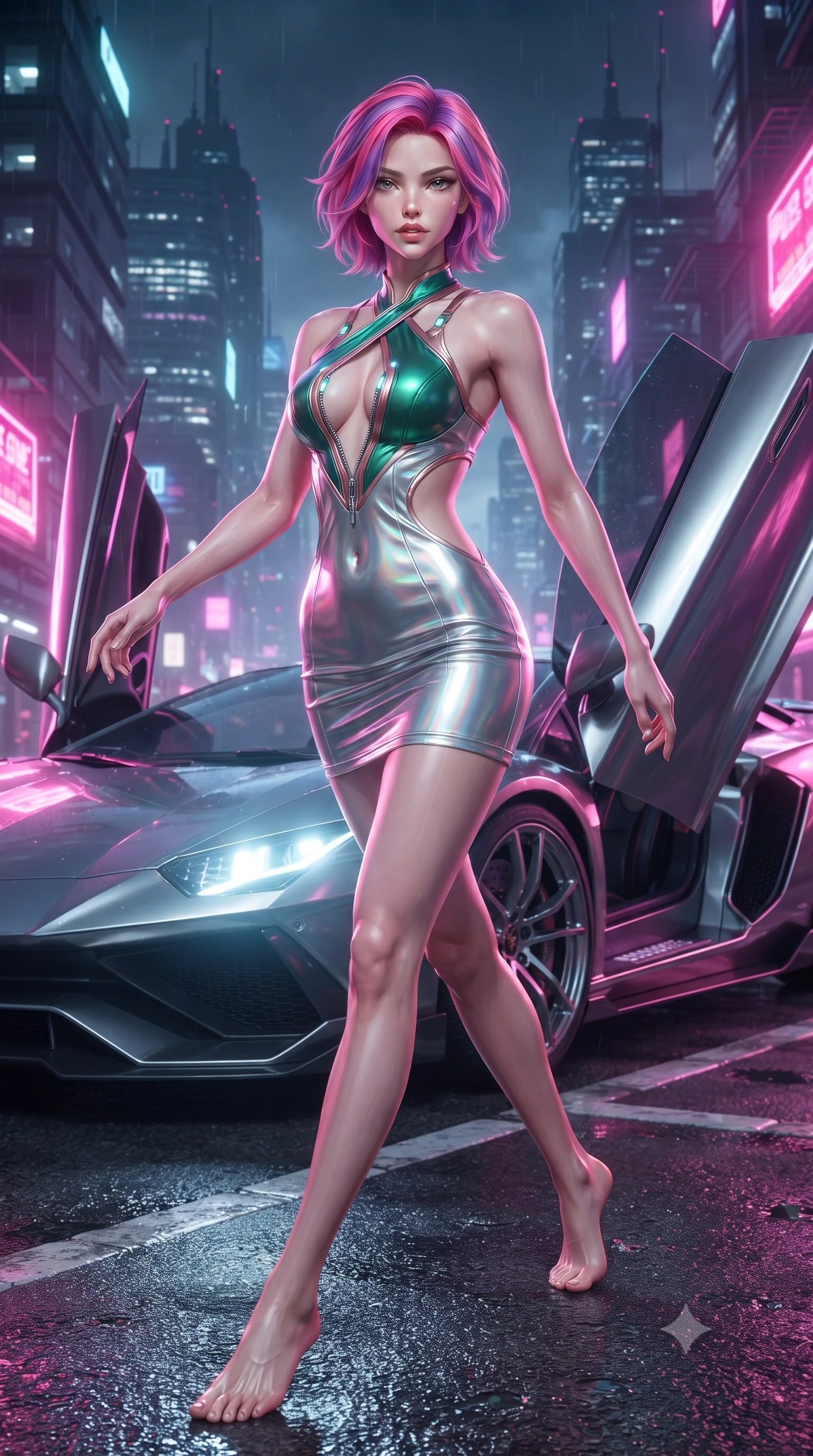 score_9, masterpiece, best quality, ultra-detailed, high-budget anime keyframe, editorial fashion photography, tasteful artistic composition, Caucasian woman. low angle full-body shot from head to toe showing her feet, filling the entire 9:16 vertical frame with her statuesque presence, stretching her vertical silhouette. pivoting dynamically in mid-motion with a breathtakingly alluring posture, displaying her flawless model proportions and ultra-slim waist while pivoting dynamically near the scissor doors of a sleek hyper-car overlooking a glowing cyberpunk metropolis. The surrounding environment is rendered in vivid detail and crisp panoramic clarity. intricate cyber-city skyline architecture, wet asphalt grain, and illuminated street textures in high clarity. She has an absolutely perfect, statuesque 8.5-heads proportion, an exceptionally tall and slender model-like female figure with impossibly long slender legs and an ultra-slim waist. sharp v-shaped jawline, high-bridge nose, intricate jewel-like eyes with depth, thick eyelashes, glossy lips with a natural sheen, flawlessly proportioned anatomical accuracy, natural body alignment, perfectly sculpted elegant limbs, clean dynamic posture without body distortion. wearing a molten silver liquid-metal mini dress featuring deep side-waist cutouts and a daring crossover halter neckline in emerald green and metallic rose gold trim, made of smooth iridescent silk chiffon that shifts colors with movement, featuring a dangerously unzipped neckline framed by glowing cybernetic accents, the daring cutouts accentuating her delicate midriff, graceful collarbones, and feminine contour. bathed in intense white automotive headlight beams and vibrant neon pink city reflections. ultra-reflective glossy finish, specular highlights, metallic sheen, high-contrast stereoscopic depth, volumetric dynamic lighting, 2k, ultra detail, master piece, 9:16 ratio
