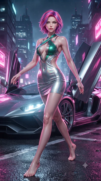 score_9, masterpiece, best quality, ultra-detailed, high-budget anime keyframe, editorial fashion photography, tasteful artistic composition, Caucasian woman. low angle full-body shot from head to toe showing her feet, filling the entire 9:16 vertica
