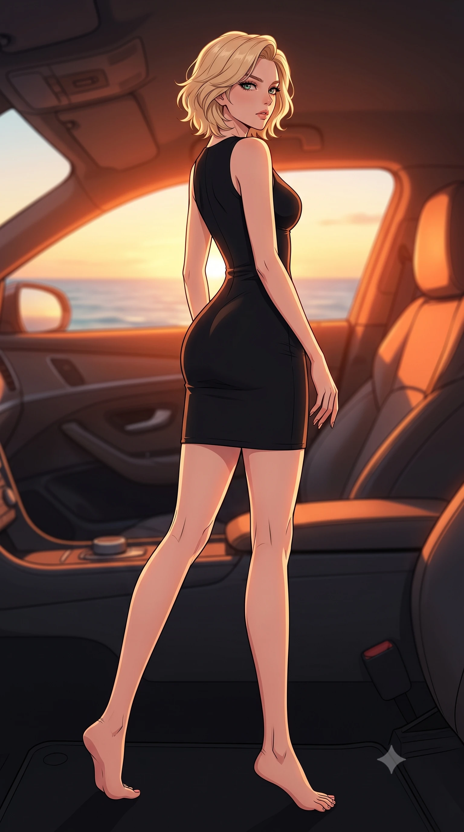 score_9, masterpiece, best quality, ultra-detailed, high-budget anime keyframe, tasteful artistic composition, Caucasian woman. low angle full-body shot from head to toe showing her feet, filling the entire 9:16 vertical frame with her statuesque presence, stretching her vertical silhouette. stepping gracefully while looking back over her shoulder, her dress draped tightly to reveal her silhouette the background shows a soft-focus the passenger seat of a luxury coupe overlooking the ocean horizon at sunset. She has an absolutely perfect, statuesque 8.5-heads proportion, an exceptionally tall and slender model-like female figure with impossibly long slender legs and an ultra-slim waist. sharp v-shaped jawline, high-bridge nose, intricate jewel-like eyes with depth, thick eyelashes, glossy lips with a natural sheen. wearing a body-hugging form-fitting black bodycon dress in structured crepe fabric with a simple crew neck. warm sunset light filtering through the window, painting the interior in orange. highly saturated vibrant anime colors, cel-shading, 2d style, master piece, 9:16 ratio