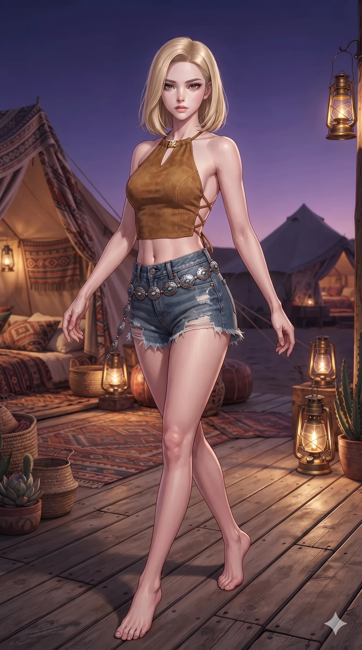 score_9, masterpiece, best quality, ultra-detailed, high-budget anime keyframe, editorial fashion photography, tasteful artistic composition, Korean woman. low angle full-body shot from head to toe showing her feet, filling the entire 9:16 vertical frame with her statuesque presence, stretching her vertical silhouette. executing a slow, graceful pivot turn as her wrap skirt sways around her slender legs, glancing back with an enchanting, teasing sensual expression while lounging across a low wooden daybed draped with Moroccan kilim rugs on the timber veranda, her flat midriff and long slender legs bathed in lantern glow. The surrounding environment is rendered in vivid detail and crisp panoramic clarity: detailed lace-up suede bustier tailoring, silver concho waist chain, and luxury desert glamping decor in razor-sharp resolution. She has an absolutely perfect, statuesque 8.5-heads proportion, an exceptionally tall and slender model-like female figure with impossibly long slender legs, an ultra-slim waist, a flat toned midriff, narrow delicate ribcage, and beautifully sculpted feminine hips creating a graceful, slim hourglass silhouette without any bulky heaviness. sharp v-shaped jawline, high-bridge nose, sparkling eyes with hypnotic seductive depth, thick curled eyelashes, glossy parted lips with a natural dewy peach sheen, alluring bedroom-eyes with an enchanting coquettish smile, exuding magnetic siren charisma and sophisticated glamour, flawlessly proportioned anatomical accuracy, strict slender model proportions, natural body alignment, perfectly sculpted long slender limbs, ultra-slim waistline, clean dynamic posture without body distortion. wearing a backless suede halter crop top with criss-cross leather ties paired with ultra-low-rise distressed denim cutoffs in turquoise patina and burnished vintage brass, tailored from second-skin technical compression neoprene with athletic curve-sculpting stretch, complemented by oversized designer tortoiseshell sunglasses resting atop her head, the bespoke structured tailoring following the natural line of her 8.5-heads silhouette with refined elegance. bathed in the warm, romantic 2200K ambient light of brass kerosene lanterns mixed with the soft purple glow of early nightfall. ultra-reflective glossy finish, specular highlights, rich textural contrasts, high-contrast stereoscopic depth, volumetric dynamic lighting, 2k, ultra detail, master piece, 9:16 ratio