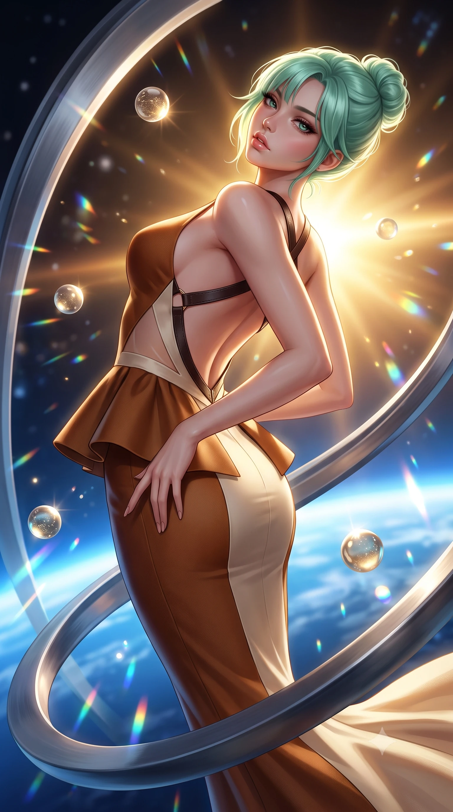 score_9, masterpiece, best quality, ultra-detailed, high-budget anime keyframe, semi-realistic 3D game render, editorial fashion photography, tasteful artistic composition, Japanese woman. close-up cowboy shot from the waist and thighs up, the character dominates the composition, filling the frame with her large presence. arching her spine backward with effortless dancer poise, one hand sliding along her hip line as directional light carves specular highlights along her silhouette while floating weightlessly beside an architectural titanium lounge ring, arching her spine in a fluid, dancer-like line as orbital sunrise floods her silhouette. The composition keeps background elements in soft focus with creamy bokeh. floating zero-gravity champagne spheres and prism reflections scattering radiant celestial light motes. She has an exceptionally elegant, slender, and willowy female figure with an ultra-slim waist, flat toned midriff, narrow ribcage, and sculpted feminine hips creating an alluring, slim hourglass silhouette without bulk. sharp v-shaped jawline, high-bridge nose, intricate jewel-like eyes with depth, thick eyelashes, glossy parted lips with a natural sheen, intensely captivating and seductive bedroom-eyes expression, flawlessly proportioned anatomical accuracy, strict slender model proportions, natural body alignment, perfectly sculpted long slender limbs, ultra-slim waistline, clean dynamic posture without body distortion. wearing a structural geometric peplum gown with sheer side-ribbon cutouts and form-fitting skirt in rich equestrian cognac brown and crisp champagne cream, tailored from water-resistant treated wool gabardine and flexible stretch silk, featuring an open-back criss-cross harness strap in dark leather, the dramatically scooped open back descending to the base of her spine, accentuating her razor-sharp statuesque lines and slim hourglass silhouette. bathed in radiant golden orbital sunrise backlighting and ambient cool blue Earth glow from below. highly saturated vibrant anime colors, detailed shading with soft gradients, rich glossy textures, high-contrast stereoscopic depth, volumetric dynamic lighting, master piece, 9:16 ratio