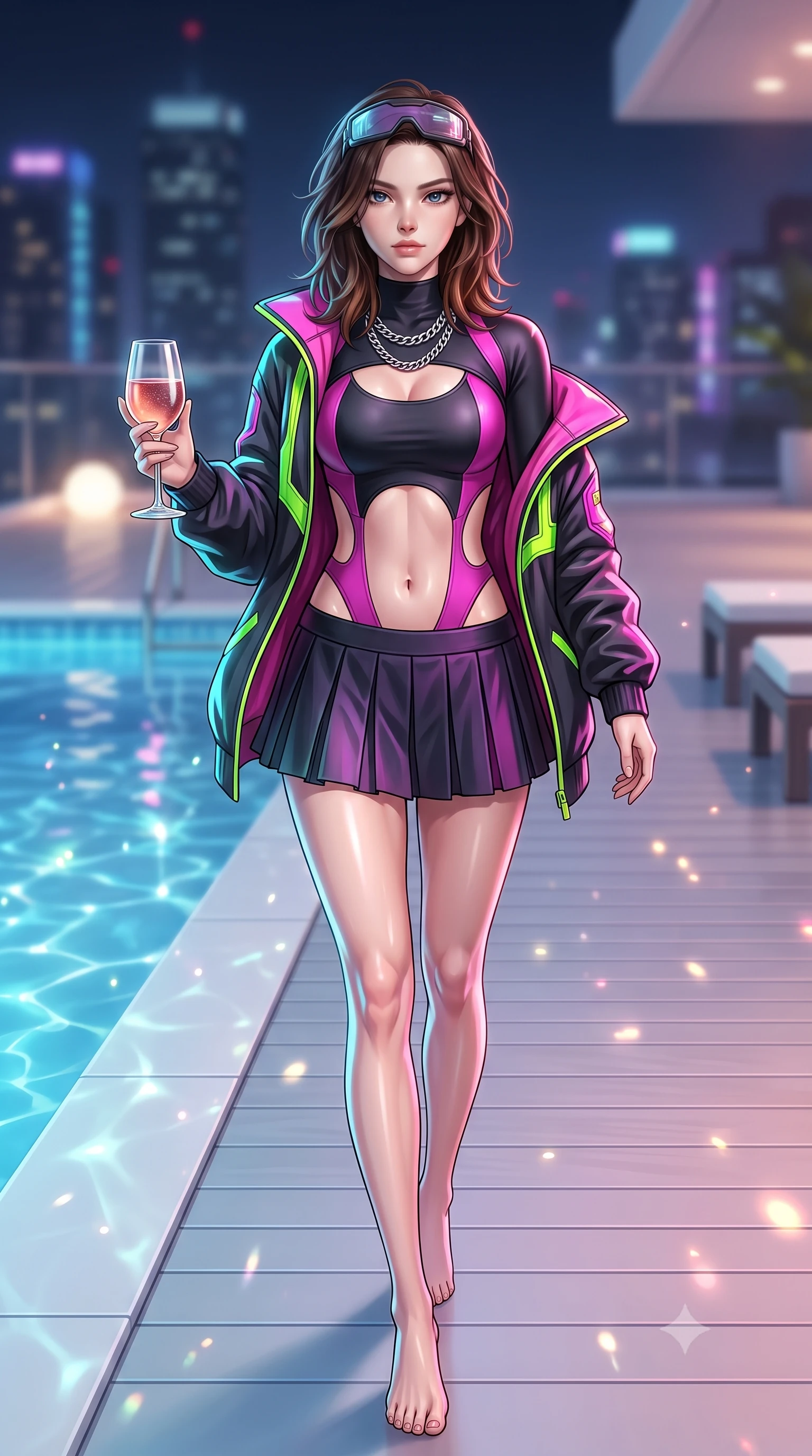 score_9, masterpiece, best quality, ultra-detailed, high-budget anime keyframe, semi-realistic 3D game render, editorial fashion photography, tasteful artistic composition, Korean woman. low angle full-body shot from head to toe showing her feet, filling the entire 9:16 vertical frame with her statuesque presence, stretching her vertical silhouette. stepping forward gracefully in mid-motion, displaying her toned flat midriff and flawlessly sculpted slender limbs while holding a chilled glass of vintage rosé, casting a smoldering, confident gaze over her shoulder into the lens. The composition keeps background elements in soft focus with creamy bokeh. shimmering pool caustics and city neon reflections scattering radiant light motes across the deck. She has an absolutely perfect, statuesque 8.5-heads proportion, an exceptionally tall and slender model-like female figure with impossibly long slender legs, a toned flat midriff, and an ultra-slim waist. sharp v-shaped jawline, high-bridge nose, intricate jewel-like eyes with depth, thick eyelashes, glossy lips with a natural sheen, captivating and magnetic expression, flawlessly proportioned anatomical accuracy, strict slender model proportions, natural body alignment, perfectly sculpted long slender limbs, ultra-slim waistline, clean dynamic posture without body distortion. wearing a daring cutout cyberpunk bodysuit paired with an oversized neon-accented bomber jacket and pleated micro-skirt in matte black and vivid magenta, tailored from second-skin aerodynamic stretch vinyl and insulated satin, accessorized with a chunky silver chain necklace and cyber-visor goggles resting on her brow edition #19, the glove-like aerodynamic second-skin fit tightly clinging to her ultra-slender waist and athletic curves without adding bulk, accentuating her razor-sharp statuesque lines and slim hourglass silhouette. surrounded by a cosmopolitan, elite, and intensely magnetic modern royalty aura. highly saturated vibrant anime colors, detailed shading with soft gradients, rich glossy textures, high-contrast stereoscopic depth, volumetric dynamic lighting, master piece, 9:16 ratio