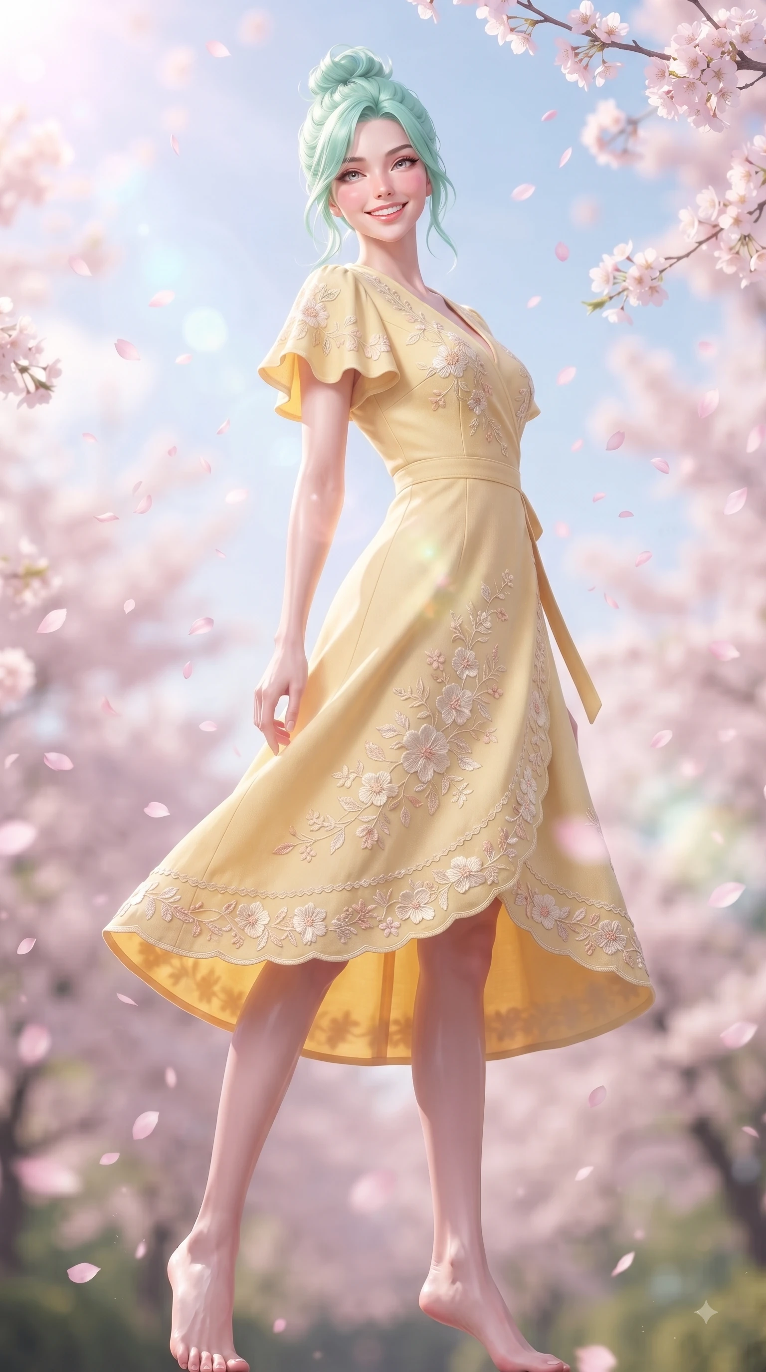 score_9, masterpiece, best quality, ultra-detailed, high-budget anime keyframe, editorial fashion photography, tasteful artistic composition, Japanese woman. low angle full-body shot from head to toe showing her feet, filling the entire 9:16 vertical frame with her statuesque presence, stretching her vertical silhouette. pivoting dynamically with a fresh infectious smile, her ultra-slim waist creating a sweeping fluid curve while pivoting dynamically with a beaming smile as delicate pink cherry blossom petals shower around her. The composition keeps background elements in soft focus with dreamy bokeh. pastel spring sky refractions and flower branches blurred in smooth creamy depth. She has an absolutely perfect, statuesque 8.5-heads proportion, an exceptionally tall and slender model-like female figure with impossibly long slender legs and an ultra-slim waist. sharp v-shaped jawline, high-bridge nose, intricate jewel-like eyes with depth, thick eyelashes, glossy lips with a natural sheen, flawlessly proportioned anatomical accuracy, natural body alignment, perfectly sculpted elegant limbs, clean dynamic posture without body distortion. wearing an elegant butter-yellow wrap midi dress with subtle floral embroidery and flutter sleeves in bright butter yellow and fresh cream white, made of comfortable premium stretch denim and soft jersey, complemented by delicate embroidered floral trim along the hem, the tailored casual silhouette highlighting her fresh and youthful presence. illuminated by soft glowing pink ambient light and clear sky refractions. ultra-reflective glossy finish, specular highlights, metallic sheen, high-contrast stereoscopic depth, volumetric dynamic lighting, 2k, ultra detail, master piece, 9:16 ratio