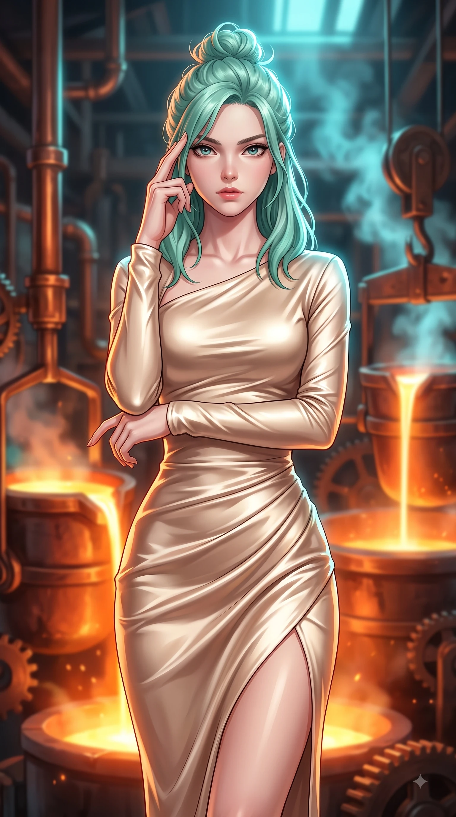 score_9, masterpiece, best quality, ultra-detailed, high-budget anime keyframe, editorial fashion photography, tasteful artistic composition, Japanese woman woman. close-up cowboy shot from the waist and thighs up, the character dominates the composition, filling the frame with her large presence, background elements kept in soft focus. She has an exceptionally elegant, slender, and willowy female figure with an ultra-slim waist, a gracefully sculpted slender torso, and a refined silhouette. pressing two fingers to her temple in a composed gesture, gazing past the camera with sharp focus, flawlessly proportioned anatomical accuracy, natural body alignment, perfectly sculpted elegant limbs, clean dynamic posture without body distortion. set against a soft-focus background of a copper pipe industrial foundry with liquid aurora crucibles. wearing a sculpted champagne satin bodycon gown following her slender silhouette like liquid metal. bathed in intense orange furnace light clashing with cool cyan steam highlights. highly saturated vibrant anime colors, detailed shading with soft gradients, rich glossy textures, high-contrast stereoscopic depth, volumetric dynamic lighting, master piece, 9:16 ratio