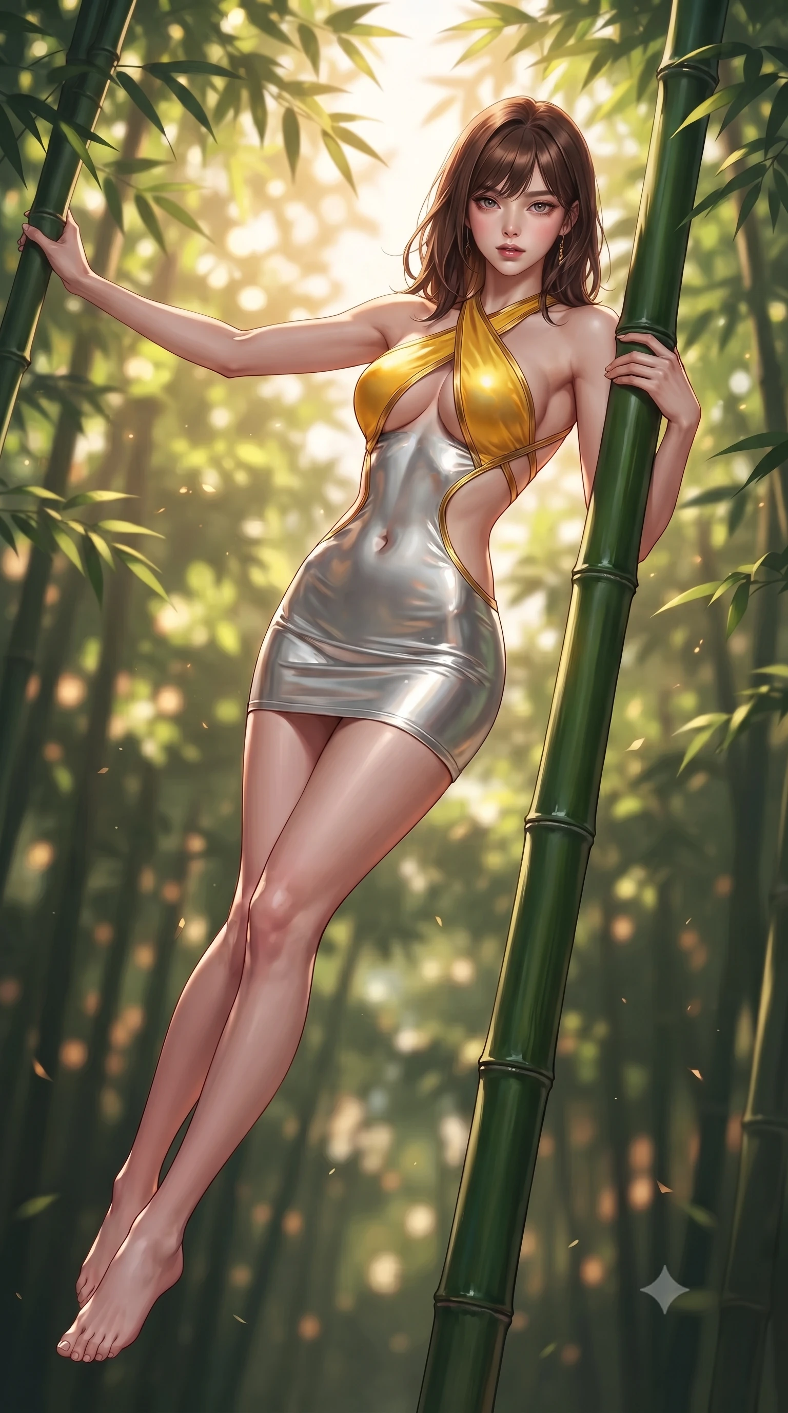 score_9, masterpiece, best quality, ultra-detailed, high-budget anime keyframe, editorial fashion photography, tasteful artistic composition, Korean woman. low angle full-body shot from head to toe showing her feet, filling the entire 9:16 vertical frame with her statuesque presence, stretching her vertical silhouette. performing an alluring mid-air vault with flawless poise, looking directly into the camera with smoldering intensity while leaning against a tall emerald bamboo stalk with a smoldering, haughty glance as sunlight filters through green leaves. The composition keeps background elements in soft focus with creamy bokeh. warm sunbeams filtering through bamboo leaves scattering soft, dappled light patterns across the background. She has an absolutely perfect, statuesque 8.5-heads proportion, an exceptionally tall and slender model-like female figure with impossibly long slender legs, a toned flat midriff, and an ultra-slim waist. sharp v-shaped jawline, high-bridge nose, intricate jewel-like eyes with depth, thick eyelashes, glossy lips with a natural sheen, flawlessly proportioned anatomical accuracy, strict slender model proportions, natural body alignment, perfectly sculpted long slender limbs, ultra-slim waistline, clean dynamic posture without body distortion. wearing a molten silver liquid-metal mini dress featuring deep side-waist cutouts and a daring crossover halter neckline in vibrant sunburst canary yellow and gold trim, made of liquid metal jersey that clings flawlessly to every contour of her build, complemented by criss-cross back straps highlighting her completely bare spine, the sleek second-skin cut tightly hugging her graceful clavicle, narrow waist, and feminine curves with athletic precision. surrounded by a serene, magical, and captivatingly sensual oriental sanctuary aura. ultra-reflective glossy finish, specular highlights, metallic sheen, high-contrast stereoscopic depth, volumetric dynamic lighting, 2k, ultra detail, master piece, 9:16 ratio