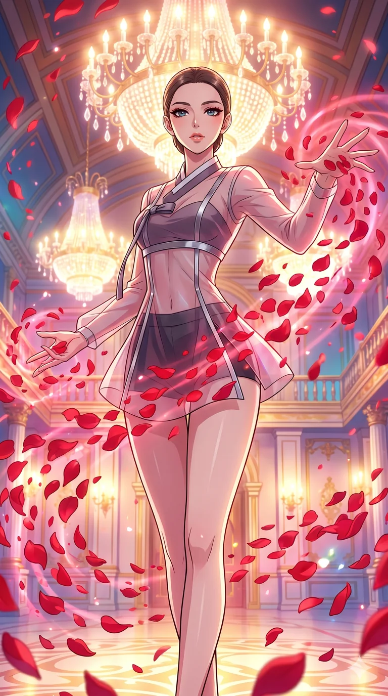 score_9, masterpiece, best quality, ultra-detailed, High-budget Anime Keyframe, beautiful Caucasian anime girl (strictly human ears). Upper body close-up from the thighs up, character filling the screen for maximum presence. Summoning a storm of red rose petals in a grand ballroom with crystal chandeliers. She has an absolutely perfect 8-heads proportion, an exceptionally tall and slender female figure with impossibly long slender legs and an ultra-slim waist. Sharp v-shaped jawline, high-bridge nose, intricate jewel-like eyes with depth, thick eyelashes, glossy lips with a natural sheen. Wearing a Modern Traditional outfit: tech-hanbok with transparent silk panels and metallic straps. Background is a bright and colorful palace interior with glowing lights and thousands of red petals. 2k, ultra detail, master piece, 9:16 ratio