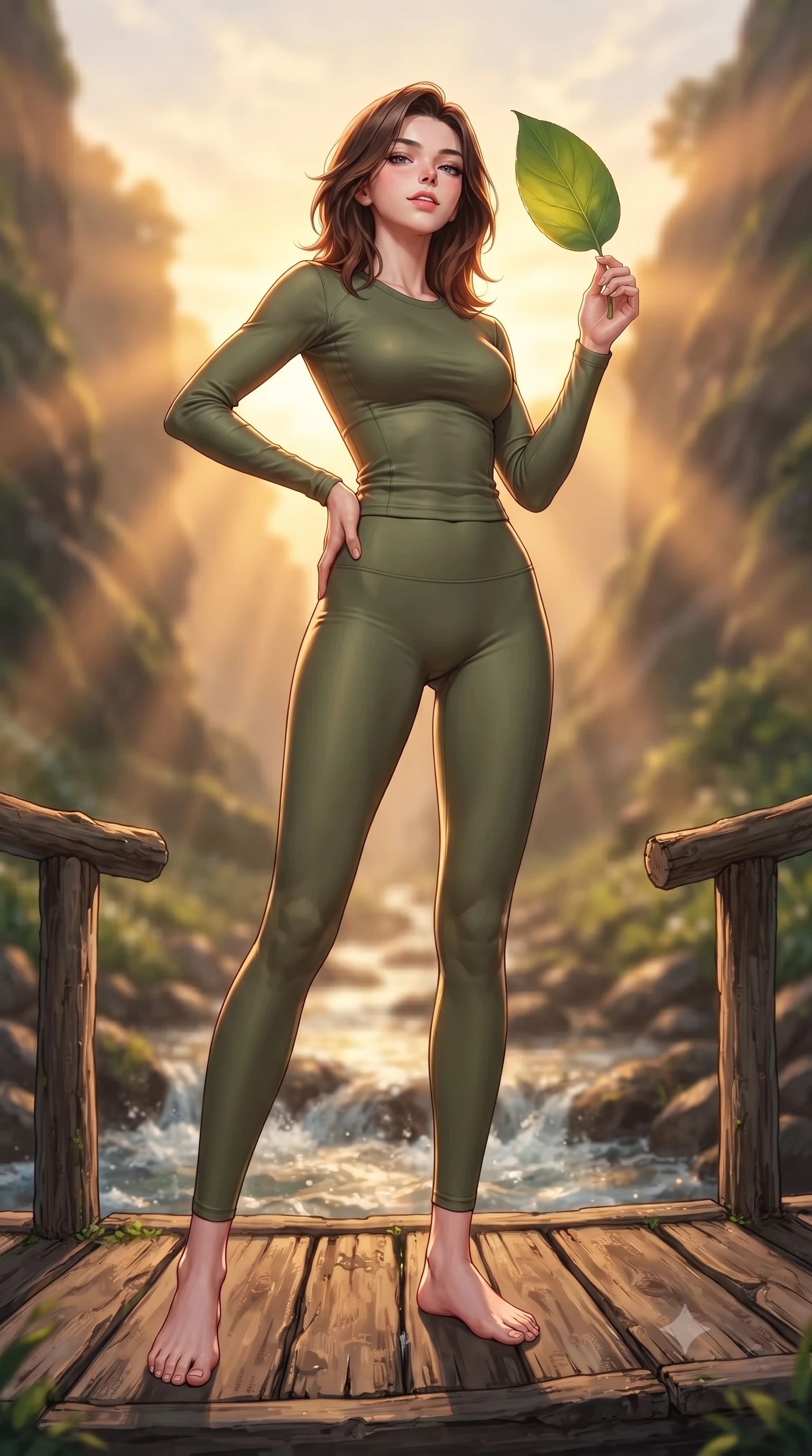 score_9, masterpiece, best quality, ultra-detailed, high-budget anime keyframe, editorial fashion photography, tasteful artistic composition, Korean woman. low angle full-body shot from head to toe showing her feet, filling the entire 9:16 vertical frame with her statuesque presence, stretching her vertical silhouette. standing in a captivating power pose, tilting her chin up with a smoldering, bright expression set against a soft-focus background of on a rustic wooden bridge crossing a shallow, bubbling valley stream holding a smooth green leaf with a happy, refreshed expression. She has an absolutely perfect, statuesque 8.5-heads proportion, an exceptionally tall and slender model-like female figure with impossibly long slender legs and an ultra-slim waist. sharp v-shaped jawline, high-bridge nose, intricate jewel-like eyes with depth, thick eyelashes, glossy lips with a natural sheen. wearing body-hugging tight-fitting athletic long-sleeve top in olive green, paired with form-contouring leggings. golden hour sunset light slicing through the valley gorge in warm rays. highly saturated vibrant anime colors, detailed shading with soft gradients, rich glossy textures, high-contrast stereoscopic depth, volumetric dynamic lighting, master piece, 9:16 ratio