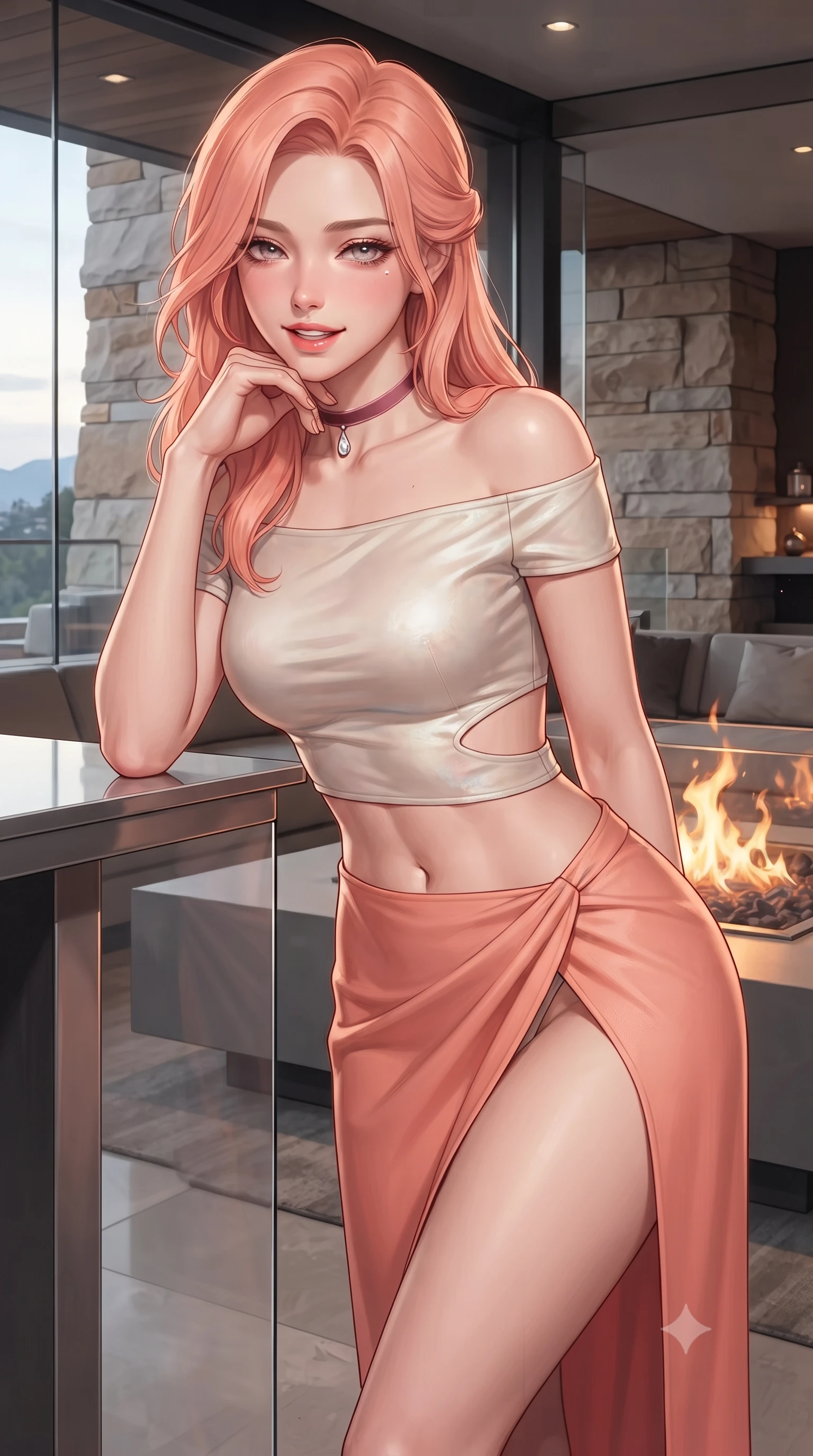 score_9, masterpiece, best quality, ultra-detailed, high-budget anime keyframe, editorial fashion photography, tasteful artistic composition, Japanese woman. close-up cowboy shot from the waist and thighs up, the character dominates the composition, filling the frame with her large presence. resting one elbow on the table and supporting her chin, leaning close to the camera with heavy-lidded sparkling eyes and parted lips while twisting her slender torso in an alluring contrapposto stance beside the interior fire pit, glowing flames tracing her flat midriff and hips. The surrounding environment is rendered in vivid detail and crisp panoramic clarity: sharp structural glass corner bevels, rough-hewn quartzitic sandstone cliff strata, and stainless steel hardware in deep focus. She has an exceptionally elegant, slender, and willowy female figure with an ultra-slim waist, flat toned midriff, narrow ribcage, and sculpted feminine hips creating an alluring, slim hourglass silhouette without bulk. sharp v-shaped jawline, high-bridge nose, intricate jewel-like sparkling eyes with depth, thick eyelashes, glossy parted lips with a natural peach sheen, bright cheerful beaming smile with an enchanting and coquettish sensual glint, exuding both youthful cute charm and seductive allure, flawlessly proportioned anatomical accuracy, strict slender model proportions, natural body alignment, perfectly sculpted long slender limbs, ultra-slim waistline, clean dynamic posture without body distortion. wearing an alluring off-the-shoulder crop top with asymmetrical side-torso cutouts and a high-slit wrap skirt in North Malé sandbank mother-of-pearl and warm coral blush, crafted from bespoke double-faced cashmere with an exceptionally soft tactile finish, finished with a thin velvet ribbon choker and a single teardrop diamond pendant, the glove-like clinging cut tightly following the natural contour of her hips and long slender legs with youthful 8.5-heads elegance. illuminated by glass reflection bounce and sharp platinum-gold rim lights sculpting her razor-sharp jawline, narrow waist, and curvy hips. ultra-reflective glossy finish, specular highlights, rich textural contrasts, high-contrast stereoscopic depth, volumetric dynamic lighting, 2k, ultra detail, master piece, 9:16 ratio
