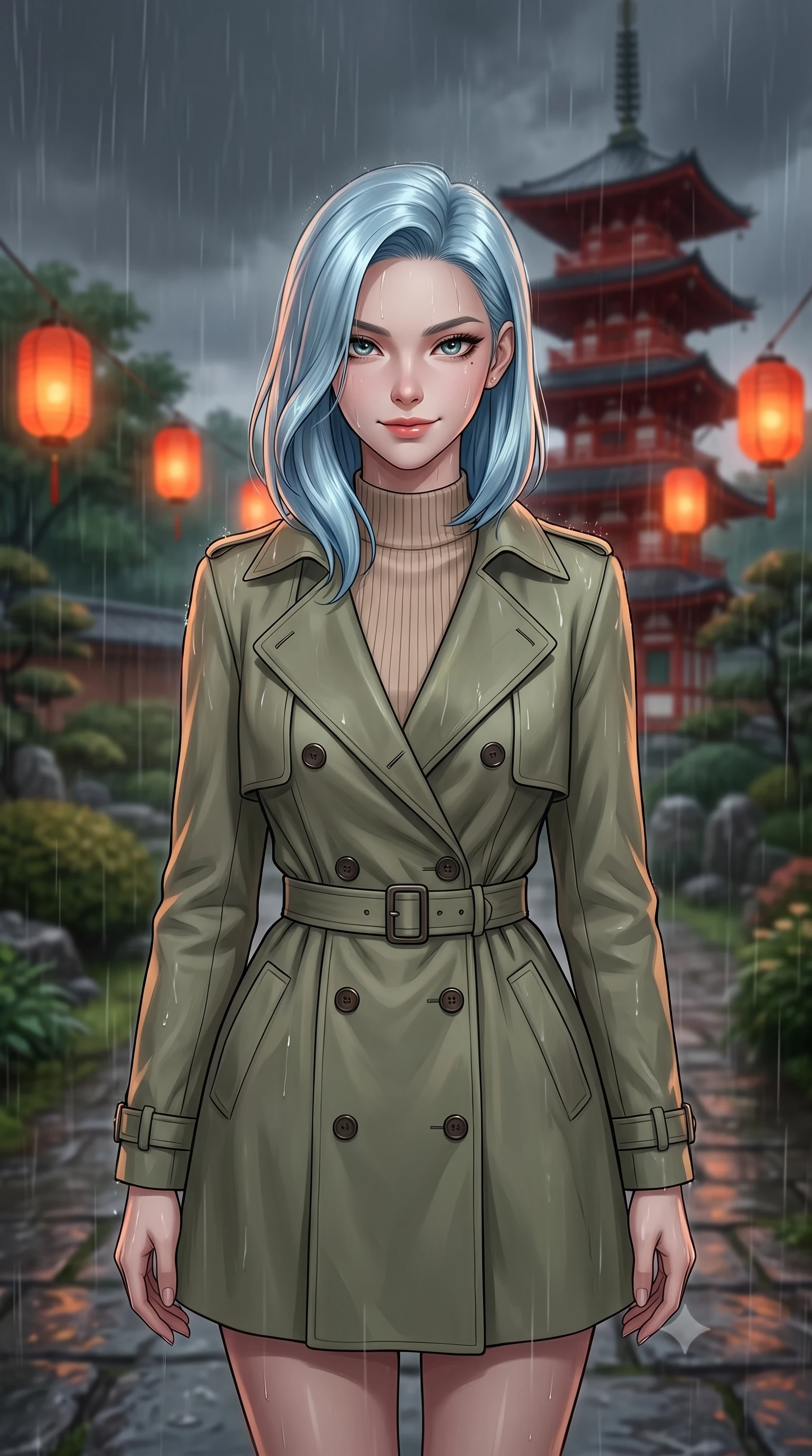 score_9, masterpiece, best quality, ultra-detailed, high-budget anime keyframe, editorial fashion photography, tasteful artistic composition, Korean woman. close-up cowboy shot from the waist and thighs up, the character dominates the composition, filling the frame with her large presence, background elements kept in soft focus. Exhibiting a confident, playful smirk directly into the camera. set against a soft-focus background of on a stone path of a garden during a heavy warm summer rain shower, looking at a tall red wooden pagoda with floating red paper lanterns. She has an exceptionally elegant, slender, and willowy female figure with a highly-defined ultra-slim waist, a gracefully sculpted slender torso, and a refined slim-fit silhouette that contours her form. sharp v-shaped jawline, high-bridge nose, intricate jewel-like eyes with depth, thick eyelashes, glossy lips with a natural sheen. wearing a structured double-breasted trench in soft olive green over a beige ribbed knit mock-neck top. warm orange glow from the paper lanterns contrasting with the cool, dark grey rain-swept sky. 2k, ultra detail, master piece, 9:16 ratio