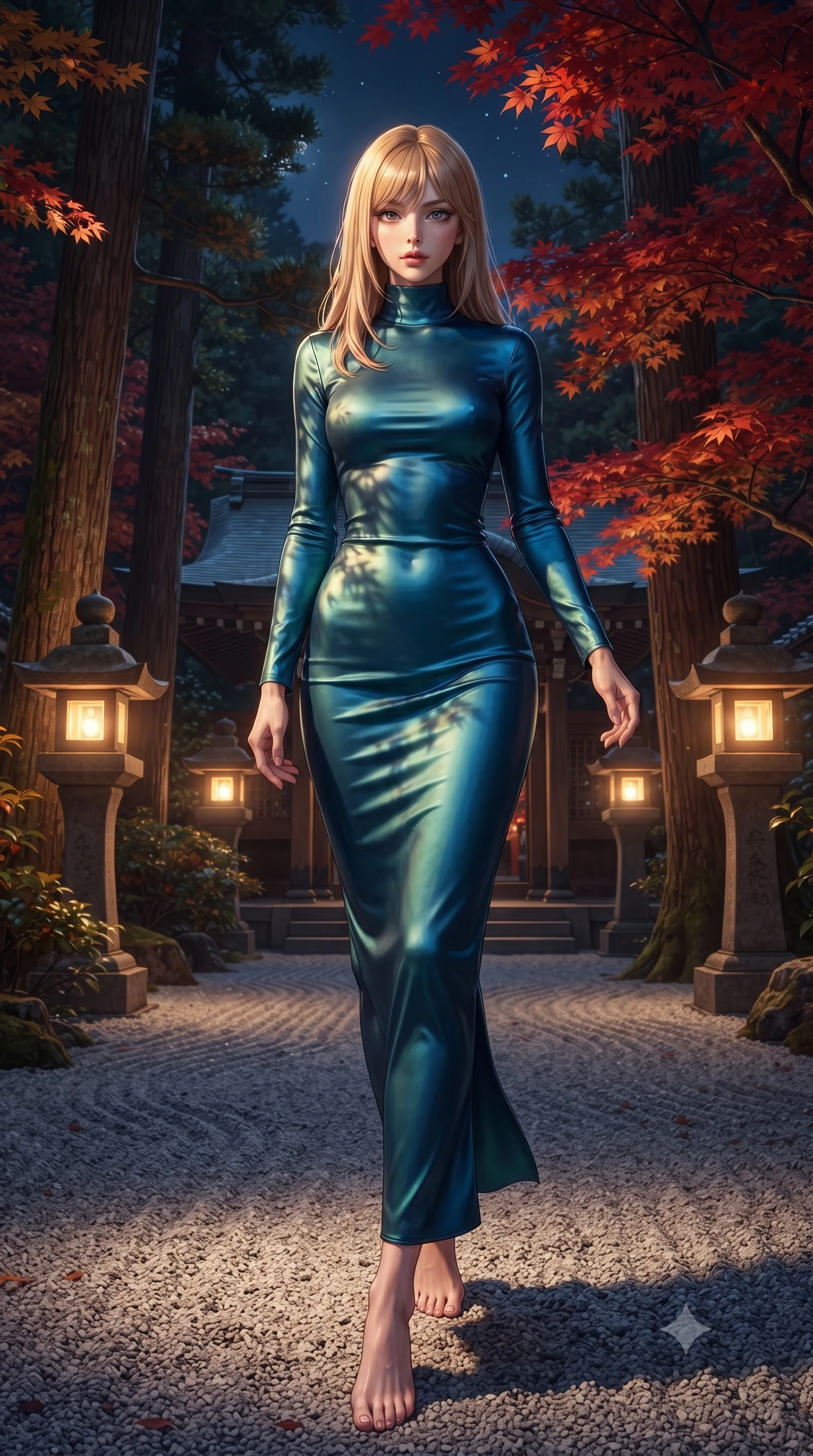score_9, masterpiece, best quality, ultra-detailed, high-budget anime keyframe, editorial fashion photography, tasteful artistic composition, Japanese woman. low angle full-body shot from head to toe showing her feet, filling the entire 9:16 vertical frame with her statuesque presence, stretching her vertical silhouette. navigating with fluid motion through a traditional Japanese Shinto shrine courtyard at night with stone lanterns casting warm pools of light ancient cedar trees autumn maple leaves in brilliant red and a raked gravel garden gleaming in moonlight. She has a statuesque 8.5-heads proportion, an exceptionally tall, slender and willowy model-like build with impossibly long legs and a highly sculpted ultra-slim waist. sharp v-shaped jawline, high-bridge nose, intricate jewel-like eyes with depth, thick eyelashes, glossy lips with a natural sheen. wearing a figure-hugging mock-turtleneck gown in a shifting peacock-blue silk fabric, hugging her slender figure from neck to ankle. warm golden afternoon sunbeams casting soft organic leaf shadows across her skin. 2k, ultra detail, master piece, 9:16 ratio