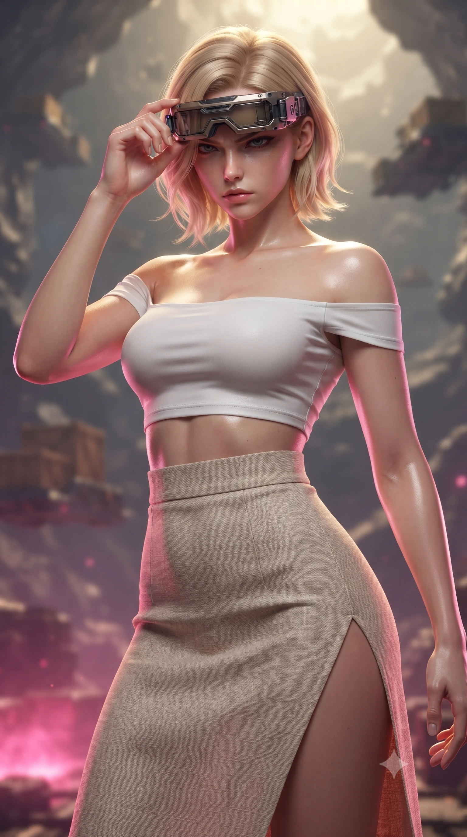 score_9, masterpiece, best quality, ultra-detailed, high-budget anime keyframe, editorial fashion photography, tasteful artistic composition, realistic cosplay photography, Caucasian woman, strictly human ears. close-up cowboy shot from the waist and thighs up, the character dominates the composition, filling the frame with her large presence, background elements kept in soft focus. Adjusting her tactical visor with one hand, eyes narrowed in sharp concentration at the target. set against a soft-focus background of the landing platform of a pirate base built inside a hollow asteroid, cargo hover-sleds moving crates in soft focus. She has an exceptionally elegant and slender, willowy female figure with an ultra-slim waist, a gracefully sculpted slender torso, and a refined slim physique. sharp v-shaped jawline, high-bridge nose, intricate jewel-like eyes with depth, thick eyelashes, glossy lips with a natural sheen. wearing tailored for maximum mobility, sleek form-contouring panels that allow fluid movement, a tailored white off-shoulder crop top paired with a high-waisted beige linen skirt featuring a high side slit. dramatic contrast of hot pink furnace glow from below and cool golden light from above. ultra-reflective glossy finish, specular highlights, metallic sheen, high-contrast stereoscopic depth, volumetric dynamic lighting, 2k, ultra detail, master piece, 9:16 ratio