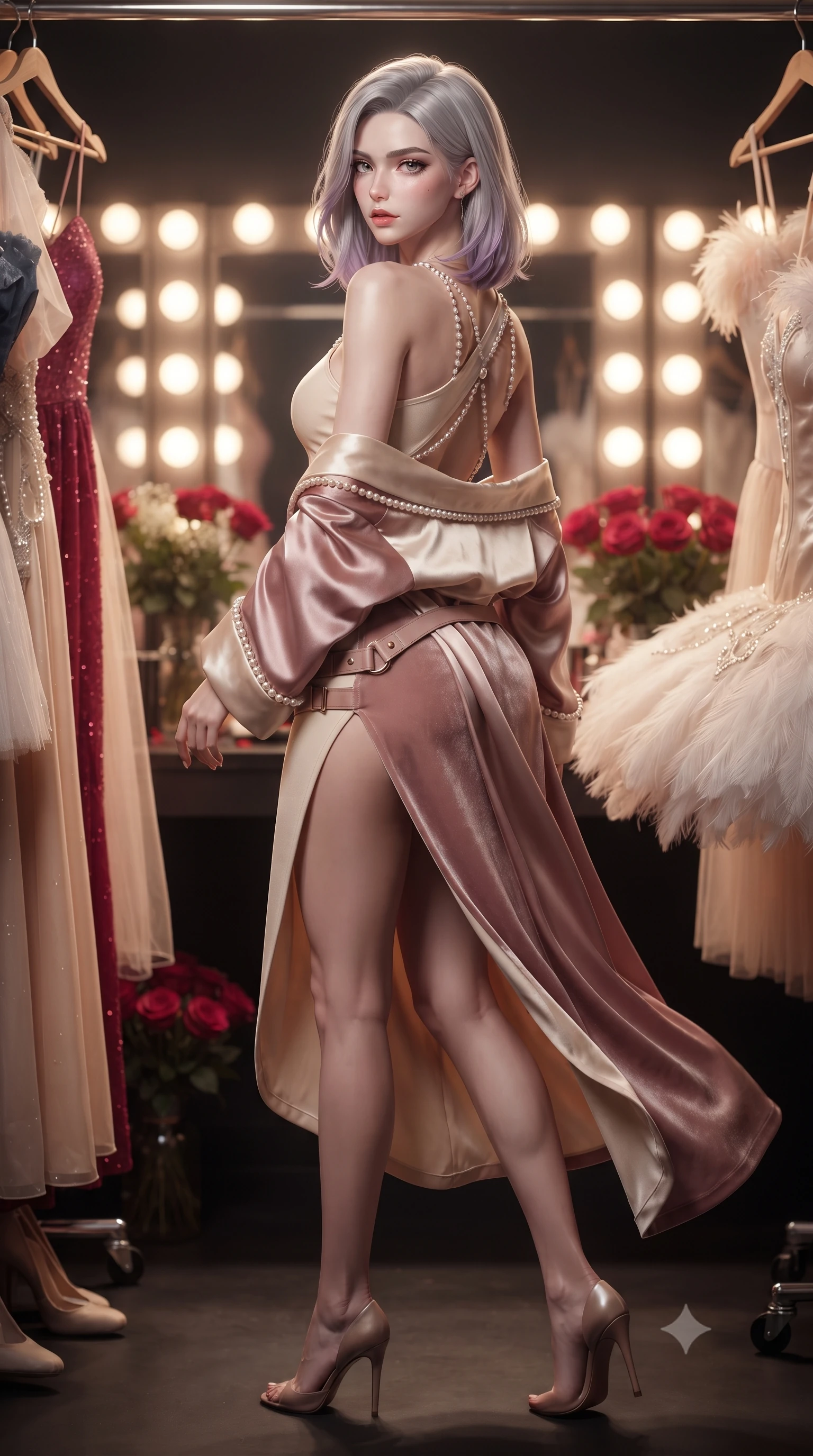 score_9, masterpiece, best quality, ultra-detailed, high-budget anime keyframe, editorial fashion photography, tasteful artistic composition, Caucasian woman. low angle full-body shot from head to toe showing her feet, filling the entire 9:16 vertical frame with her statuesque presence, stretching her vertical silhouette. walking along the terrace with poise, looking back over her bare shoulder with an irresistible smoldering bedroom-gaze while standing poised between hanging stage costumes with hips cocked back, a silk robe slipping off bare shoulders with teasing allure. The background shows a soft-focus rows of warm vanity mirror light bulbs, bouquets of red roses, and feathered tutus blurred into champagne, crimson, and pearl bokeh. She has an absolutely perfect, statuesque 8.5-heads proportion, an exceptionally tall and slender model-like female figure with impossibly long slender legs, an ultra-slim waist, a flat toned midriff, narrow delicate ribcage, and beautifully sculpted feminine hips creating a graceful, slim hourglass silhouette without any bulky heaviness. sharp v-shaped jawline, high-bridge nose, sparkling eyes with hypnotic seductive depth, thick curled eyelashes, glossy parted lips with a natural dewy peach sheen, alluring bedroom-eyes with an enchanting coquettish smile, exuding magnetic siren charisma and sophisticated glamour, flawlessly proportioned anatomical accuracy, strict slender model proportions, natural body alignment, perfectly sculpted long slender limbs, ultra-slim waistline, clean dynamic posture without body distortion. wearing an asymmetric one-shoulder tactical compression mini dress with a dramatic hip-high slit and utility harness belt in powder champagne cream and dusty rose velvet, woven from buttery-soft stretch lambskin leather adhering to her body like a second skin, accented with a pearl-drop body harness subtly framing her dewy collarbones and spine, the second-skin tailored fabric adhering flawlessly to her sculpted flat midriff and slender torso, emphasizing her long leg lines and perfectly proportioned willowy build. illuminated by marble vanity bounce and sharp platinum-gold rim lights sculpting her jawline, ultra-slim waist, and curvy hips. ultra-reflective glossy finish, specular highlights, rich textural contrasts, high-contrast stereoscopic depth, volumetric dynamic lighting, 2k, ultra detail, master piece, 9:16 ratio