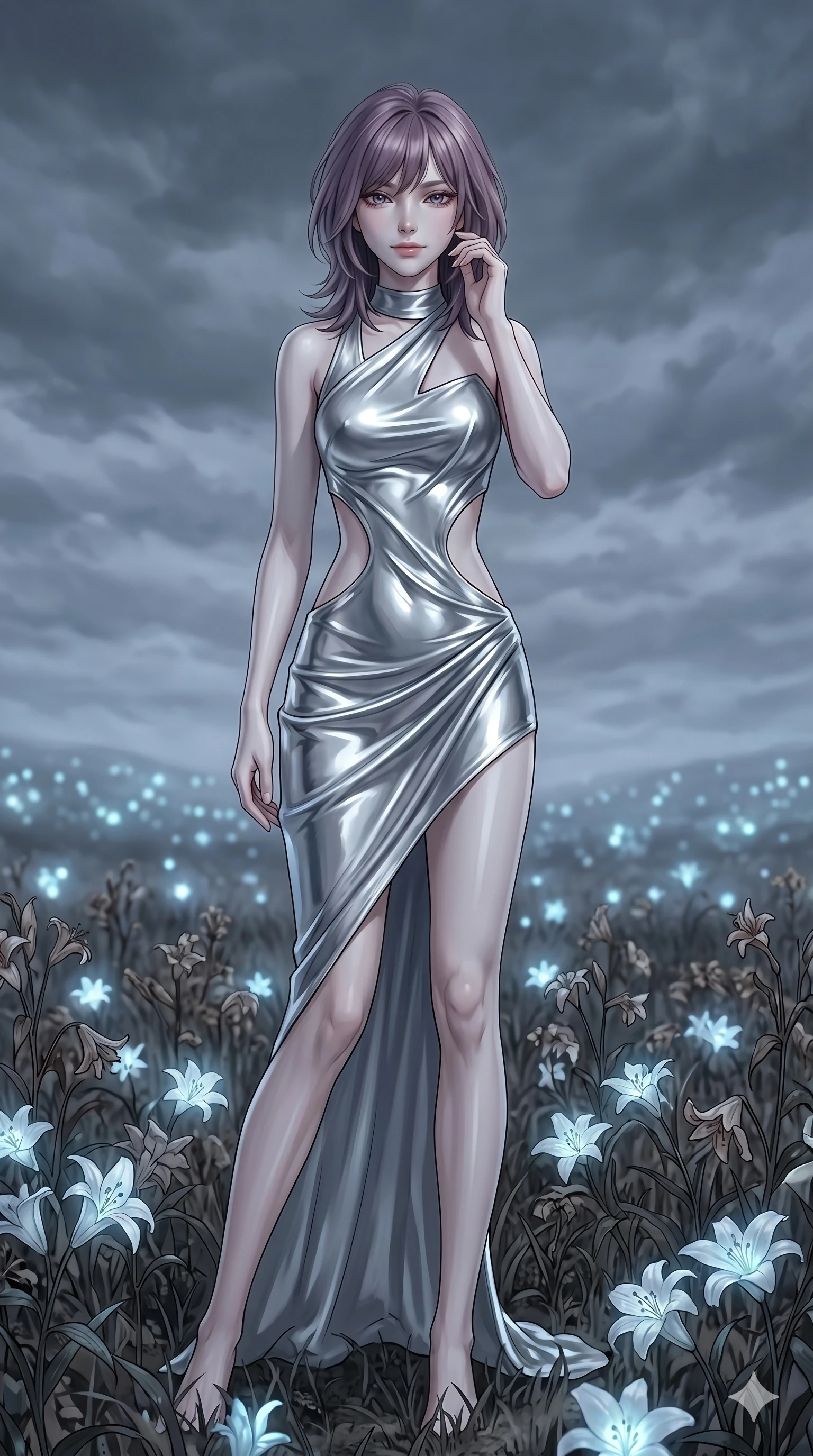 score_9, masterpiece, best quality, ultra-detailed, high-budget anime keyframe, editorial fashion photography, tasteful artistic composition, Japanese woman. cowboy shot from the thighs up, character and outfit filling the frame for maximum editorial presence. looking sidelong at the viewer with a melancholy, weary half-smile that doesn't reach her eyes standing in a field of withered bioluminescent lilies under a cloudy night sky (Scenario Code S-7). She has an absolutely perfect 8-heads proportion, an exceptionally tall and slender female figure with impossibly long slender legs and an ultra-slim waist. V-shaped jawline, high-bridge nose, intricate jewel-like eyes with depth, thick eyelashes, glossy lips with a natural sheen. wearing a liquid silver jersey dress with an asymmetric collar and bold waist cutout lines. bathed in soft, cold ambient daylight filtering through the clouds, highlighting her pale skin. 2k, ultra detail, master piece, 9:16 ratio