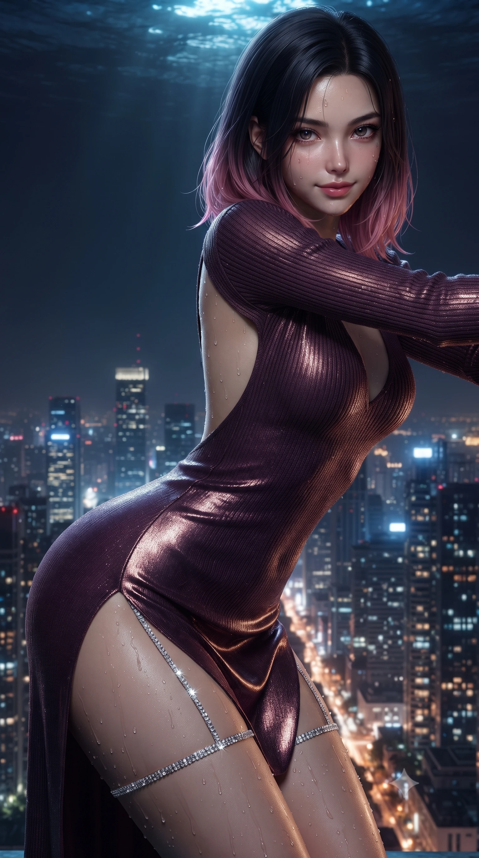 score_9, masterpiece, best quality, ultra-detailed, high-budget anime keyframe, editorial fashion photography, tasteful artistic composition, Korean woman. close-up cowboy shot from the waist and thighs up, the character dominates the composition, filling the frame with her large presence. leaning forward while arching her lower back to accentuate her curvy hips, looking into the camera with an intoxicating smoldering gaze and bedroom-eyes while twisting her slender torso in an alluring S-curve, city skyscraper lights miles below illuminating her sculpted flat midriff and curvy hips. The surrounding environment is rendered in vivid detail and crisp panoramic clarity: detailed wet-look metallic lamé swimsuit cling, dewy water droplets on skin, and modern skyscraper engineering in high resolution. She has an exceptionally elegant, slender, and willowy female figure with an ultra-slim waist, flat toned midriff, narrow ribcage, and sculpted feminine hips creating an alluring, slim hourglass silhouette without bulk. sharp v-shaped jawline, high-bridge nose, sparkling eyes with hypnotic seductive depth, thick curled eyelashes, glossy parted lips with a natural dewy peach sheen, alluring bedroom-eyes with an enchanting coquettish smile, exuding magnetic siren charisma and sophisticated glamour, flawlessly proportioned anatomical accuracy, strict slender model proportions, natural body alignment, perfectly sculpted long slender limbs, ultra-slim waistline, clean dynamic posture without body distortion. wearing a plunging V-neck rib-knit sweater dress with an open-back scoop and daring side leg slit in rich dark plum violet and gilded bronze, made of semi-opaque stretch illusion mesh with soft shadowy contours, finished with delicate crystal-encrusted thigh garter straps glinting in the dim light, the liquid-tight tailored fabric clinging flawlessly to her narrow waist and rounded feminine hips, emphasizing every millimeter of her sculpted slim hourglass curves without any bulky heaviness. bathed in crisp underwater pool lighting paired with upward metropolitan light pollution fill. ultra-reflective glossy finish, specular highlights, rich textural contrasts, high-contrast stereoscopic depth, volumetric dynamic lighting, 2k, ultra detail, master piece, 9:16 ratio