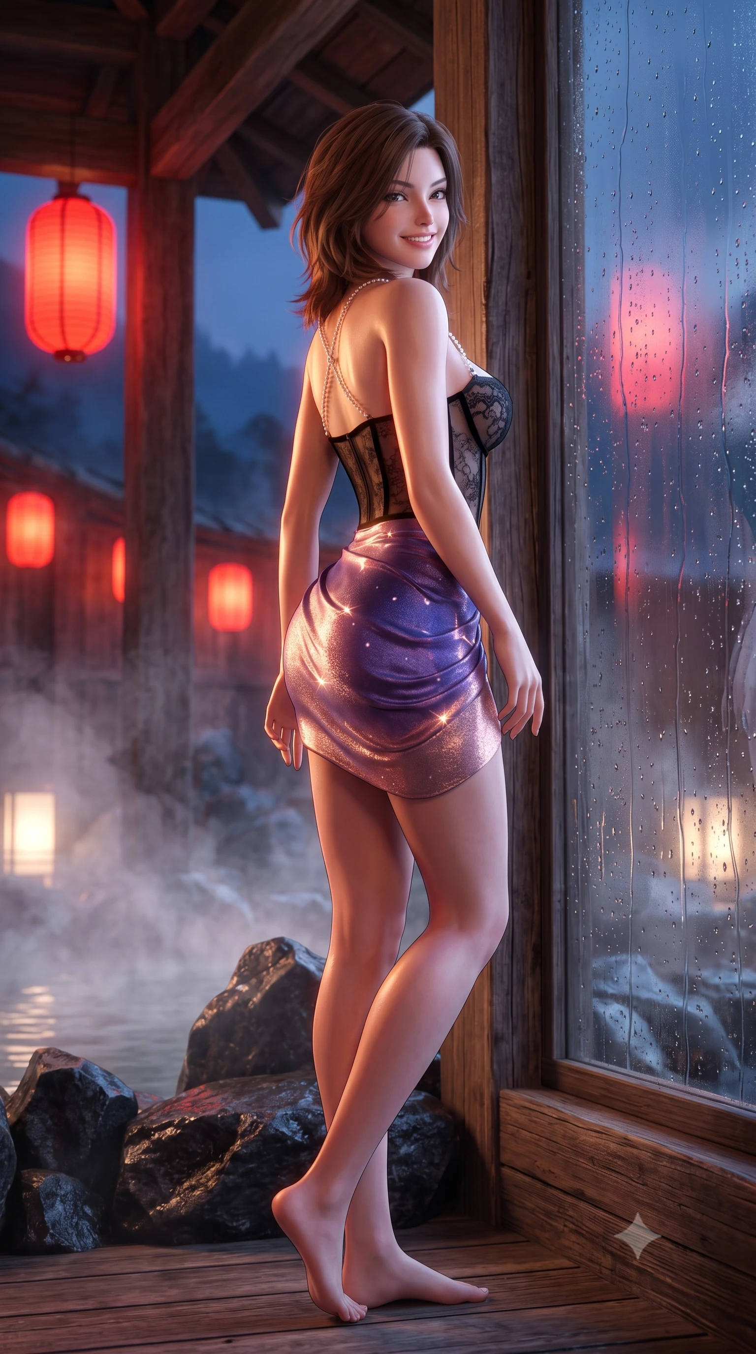 score_9, masterpiece, best quality, ultra-detailed, high-budget anime keyframe, semi-realistic 3D game render, editorial fashion photography, tasteful artistic composition, Korean woman. low angle full-body shot from head to toe showing her feet, filling the entire 9:16 vertical frame with her statuesque presence, stretching her vertical silhouette. posing in a classic haute-couture S-curve stance beside the floor-to-ceiling window, looking over a bare shoulder with magnetic presence while twisting her slender torso in an alluring contrapposto stance, glowing crimson paper lanterns and hot spring vapor caressing her narrow waist and curvy hips. The surrounding environment is rendered in vivid detail and crisp panoramic clarity: sharp wet volcanic basalt boulders, weathered cedar plank grain, and water droplet condensation beads in deep focus. She has an exceptionally tall and slender model-like 8.5-heads proportion, an ultra-slim waist, a flat toned midriff, narrow delicate ribcage, and beautifully sculpted feminine hips creating a graceful, slim hourglass silhouette without any bulky heaviness, with impossibly long slender legs. sharp v-shaped jawline, high-bridge nose, intricate jewel-like sparkling eyes with depth, thick eyelashes, glossy parted lips with a natural peach sheen, bright cheerful beaming smile with an enchanting and coquettish sensual glint, exuding both youthful cute charm and seductive allure, flawlessly proportioned anatomical accuracy, strict slender model proportions, natural body alignment, perfectly sculpted long slender limbs, ultra-slim waistline, clean dynamic posture without body distortion. wearing a sculpted underwire bustier in sheer noir lace with velvet piping paired with an ultra-short draped tulip skirt in orbital nebula violet and luminescent rose gold, woven from stretch metallic lurex jersey casting radiant starlight glints across her curves, accented with a pearl-drop body harness subtly framing her dewy collarbones and spine, the form-contouring silhouette accentuating her sculpted flat midriff, narrow delicate ribcage, and gracefully curvy hips with intoxicating allure. bathed in the romantic vermilion-and-gold 2300K lantern glows contrasted with cool deep-blue mountain mist. highly saturated vibrant anime colors, detailed shading with soft gradients, rich glossy textures, high-contrast stereoscopic depth, volumetric dynamic lighting, master piece, 9:16 ratio