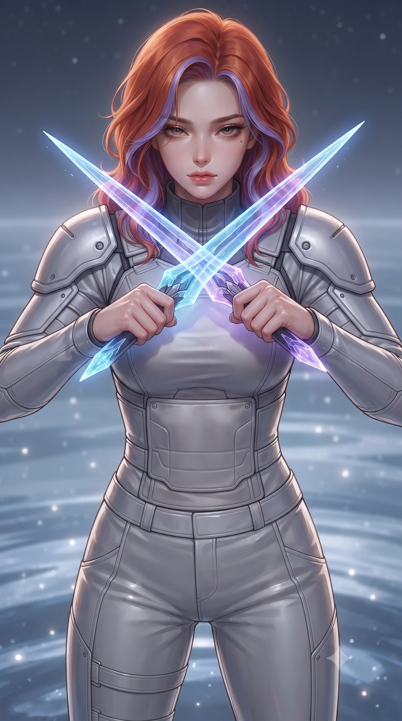 score_9, masterpiece, best quality, ultra-detailed, high-budget anime keyframe, editorial fashion photography, tasteful artistic composition, Caucasian woman. close-up cowboy shot from the waist and thighs up, the character dominates the composition, filling the frame with her large presence, background elements kept in soft focus. holding two energy daggers crossed in front of her elegant collarbone, casting a heavy-lidded, sultry look, the background shows a soft-focus a quiet sanctuary of stilled-water pools where ripples never disappear. She has an exceptionally elegant, slender, and willowy female figure with an ultra-slim waist, a gracefully sculpted slender torso, and a refined silhouette. sharp v-shaped jawline, high-bridge nose, intricate jewel-like eyes with depth, thick eyelashes, glossy lips with a natural sheen. wearing a form-contouring futuristic combat uniform with structured shoulder armor plates, worn over a high-collar ballistic vest and trousers. soft starlight reflecting on the perfectly frozen water surface. ultra-reflective glossy finish, specular highlights, metallic sheen, high-contrast stereoscopic depth, volumetric dynamic lighting, 2k, ultra detail, master piece, 9:16 ratio
