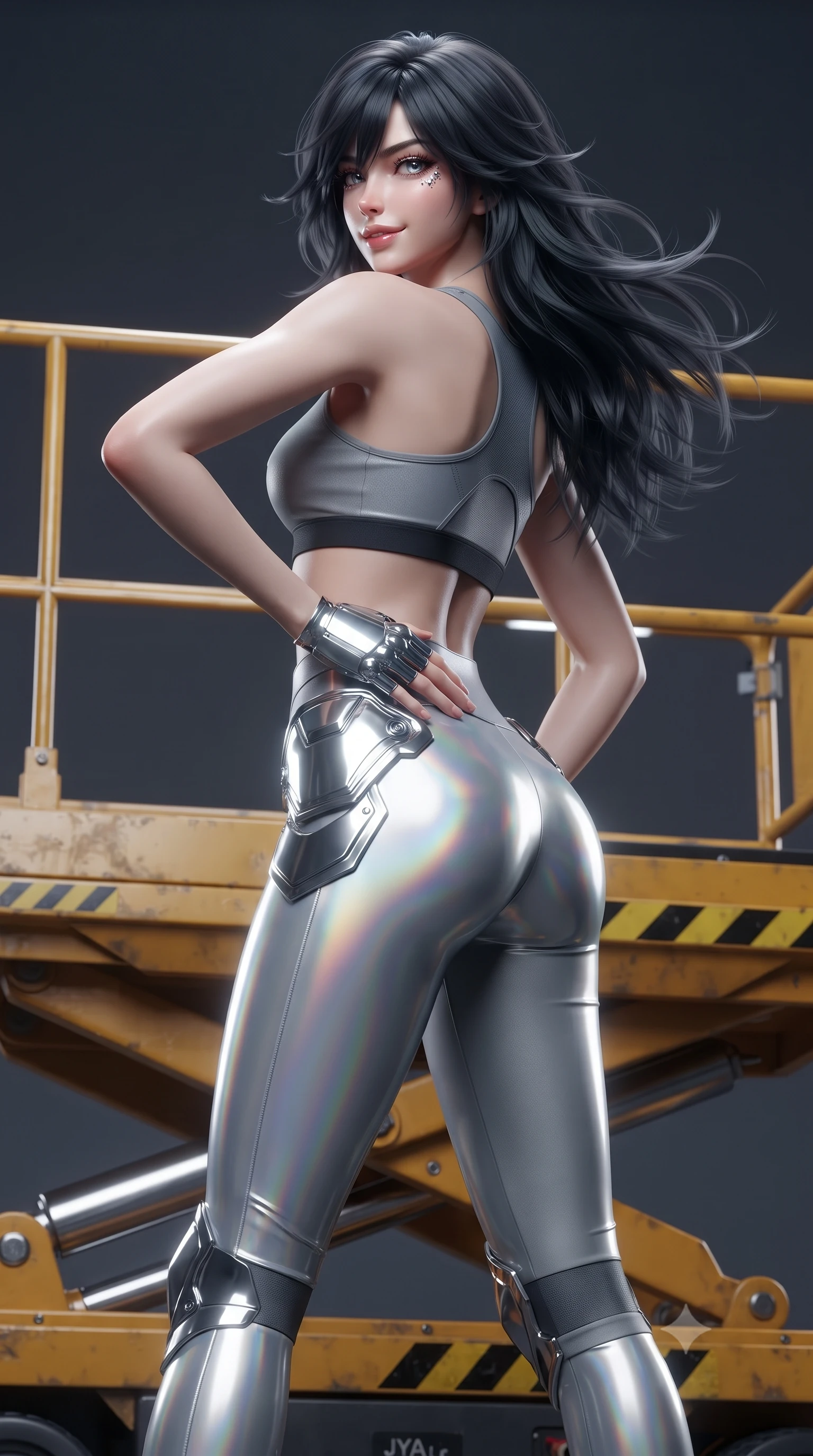 score_9, masterpiece, best quality, ultra-detailed, high-budget anime keyframe, editorial fashion photography, tasteful artistic composition, Caucasian woman. close-up cowboy shot from the waist and thighs up, the character dominates the composition, filling the frame with her large presence. twisting her slender torso in an alluring contrapposto stance, one hand resting on her sculpted hip armor while glancing back with effortless sovereign poise while standing poised on a yellow hydraulic lift platform with hips cocked back, looking over her shoulder with an intoxicating mechanic allure. The surrounding environment is rendered in vivid detail and crisp panoramic clarity: sharp hydraulic cylinder chrome rods, armored plating weld seams, and hazard stripe floor textures in deep focus. She has an exceptionally elegant, slender, and willowy female figure with an ultra-slim waist, flat toned midriff, narrow ribcage, and sculpted feminine hips creating an alluring, slim hourglass silhouette without bulk. sharp v-shaped jawline, high-bridge nose, intricate jewel-like sparkling eyes with depth, thick eyelashes, glossy parted lips with a natural sheen, bright confident smile with an enchanting and coquettish sensual glint, exuding both youthful magnetic charm and sovereign high-tech allure, flawlessly proportioned anatomical accuracy, strict slender model proportions, natural body alignment, perfectly sculpted long slender limbs, ultra-slim waistline, clean dynamic posture without body distortion. wearing a tactical racerback athletic crop top paired with skin-tight high-waisted holographic combat leggings in reflective liquid mercury and matte phantom grey, woven from layered gossamer holographic organza casting chromatic prism reflections, accented with strategically placed chrome armor plate guards covering key curves, the aerodynamic second-skin silhouette tightly following the natural contour of her hips and long slender legs with youthful 8.5-heads elegance. illuminated by floor warning lights and sharp platinum rim lights carving her razor-sharp jawline, narrow waist, and curvy hips. ultra-reflective glossy finish, specular highlights, rich textural contrasts, high-contrast stereoscopic depth, volumetric dynamic lighting, 2k, ultra detail, master piece, 9:16 ratio