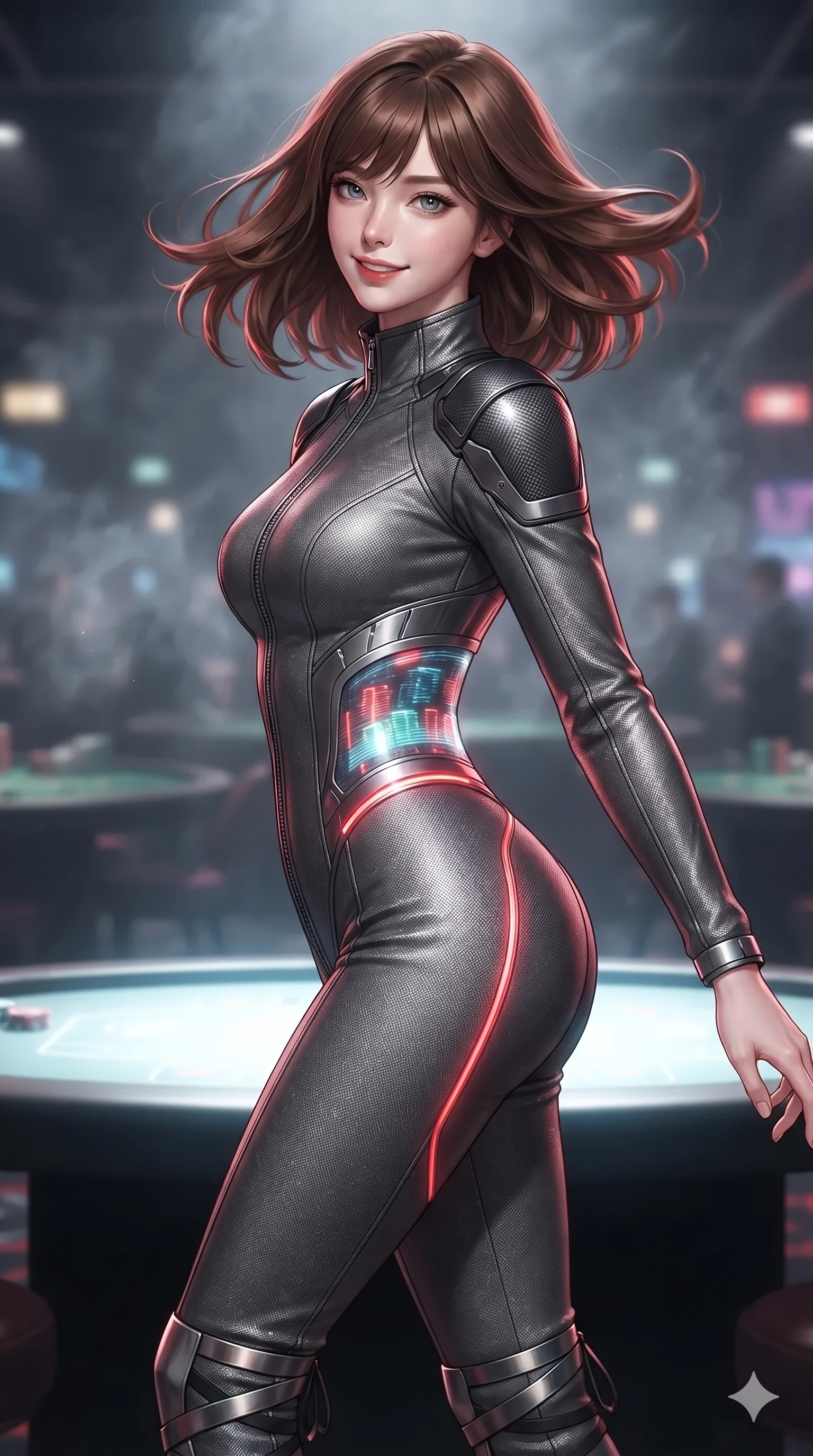 score_9, masterpiece, best quality, ultra-detailed, high-budget anime keyframe, editorial fashion photography, tasteful artistic composition, Korean woman. close-up cowboy shot from the waist and thighs up, the character dominates the composition, filling the frame with her large presence. turning slowly with an enchanting smoldering smile, her glossy hair tossing as her hips angle gracefully in a captivating contrapposto while twisting her slender torso in an alluring contrapposto, glowing holographic chip stacks and scarlet neon tube reflections tracing her narrow waist and curvy hips. The background shows a soft-focus smoky cyber-lounge atmosphere softened in high-stakes VIP casino shallow focus. She has an exceptionally elegant, slender, and willowy female figure with an ultra-slim waist, flat toned midriff, narrow ribcage, and sculpted feminine hips creating an alluring, slim hourglass silhouette without bulk. sharp v-shaped jawline, high-bridge nose, intricate jewel-like sparkling eyes with depth, thick eyelashes, glossy parted lips with a natural sheen, bright confident smile with an enchanting and coquettish sensual glint, exuding both youthful magnetic charm and sovereign high-tech allure, flawlessly proportioned anatomical accuracy, strict slender model proportions, natural body alignment, perfectly sculpted long slender limbs, ultra-slim waistline, clean dynamic posture without body distortion. wearing a tailored high-collar aerodynamic flight suit with structured carbon-fiber shoulder plates and ergonomic zip channels in charcoal grey and polished chrome, woven from high-density tech-wool with subtle metallic thread weave, complemented by strappy stiletto combat boots with metallic ankle wraps accentuating her slender calves, the impeccably tailored cut draping gracefully along her slender figure with aristocratic poise. illuminated by glowing table surfaces and sharp scarlet rim lights carving her sculpted collarbones, ultra-slim waist, and curvy hips. ultra-reflective glossy finish, specular highlights, rich textural contrasts, high-contrast stereoscopic depth, volumetric dynamic lighting, 2k, ultra detail, master piece, 9:16 ratio