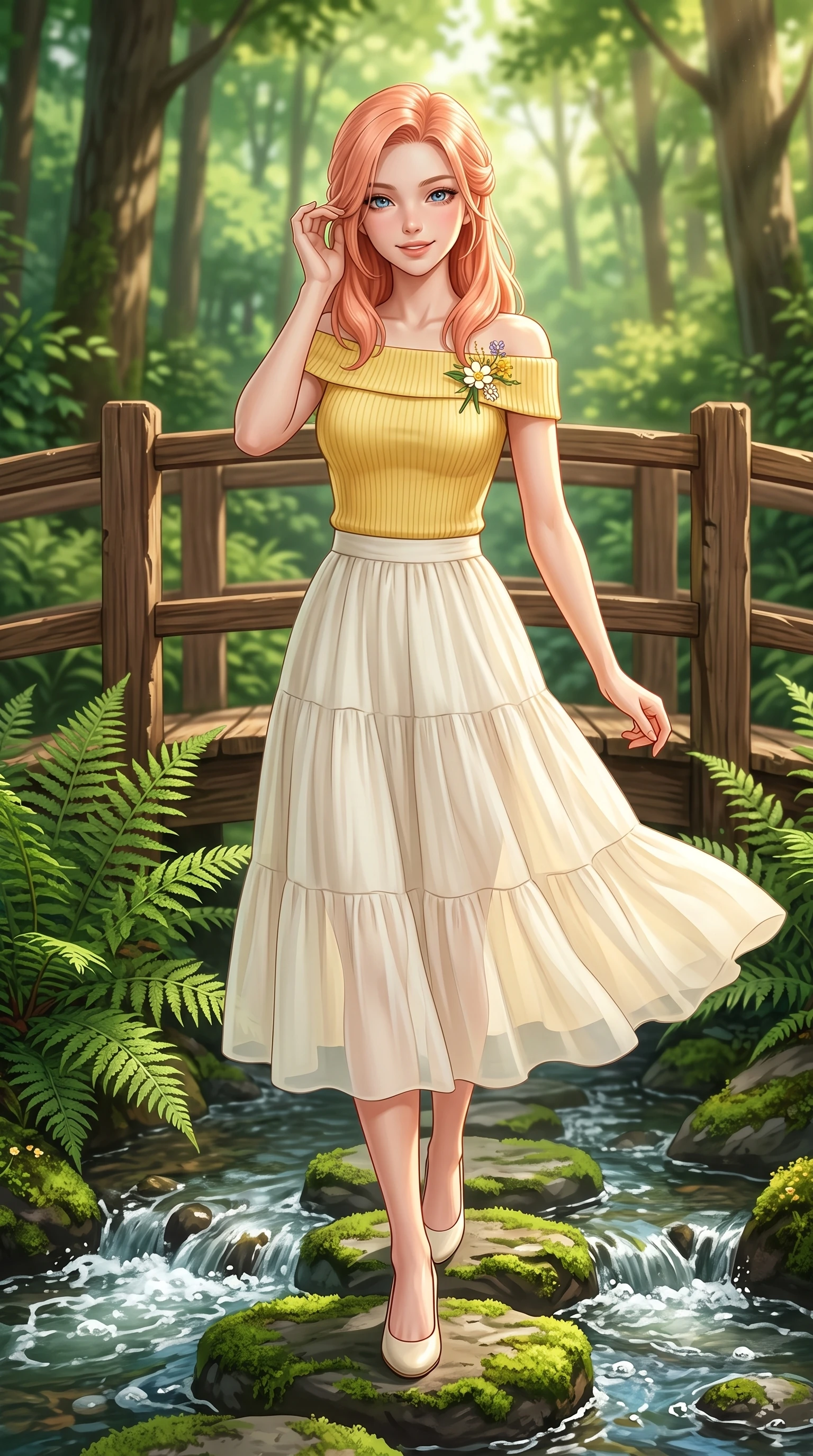 score_9, masterpiece, best quality, ultra-detailed, high-budget anime keyframe, semi-realistic 3D game render, editorial fashion photography, tasteful artistic composition, Japanese woman. close-up cowboy shot from the waist and thighs up, the character dominates the composition, filling the frame with her large presence. tilting her head with a cute, youthful grin while brushing a stray strand of hair behind her ear with slender fingers while stepping lightly across mossy stepping stones over a bubbling creek, her balance effortlessly graceful and poised. The surrounding environment is rendered in vivid detail and crisp panoramic clarity. intricate fern fronds, rustic cedar bridge railings, and sun-dappled forest canopy in high resolution. She has an exceptionally elegant, slender, and willowy female figure with an ultra-slim waist, a gracefully sculpted slender torso, toned flat midriff, and a refined slim silhouette. sharp v-shaped jawline, high-bridge nose, intricate jewel-like eyes with depth, thick eyelashes, glossy lips with a natural sheen, pure and lovely fresh girlhood expression, flawlessly proportioned anatomical accuracy, strict slender model proportions, natural body alignment, perfectly sculpted long slender limbs, ultra-slim waistline, clean dynamic posture without body distortion. wearing a fresh off-shoulder ribbed knit top paired with a tiered white cotton midi skirt in fresh buttercup yellow and clean cream white, made of fine lightweight chiffon with a soft fluid drape, complemented by a delicate wildflower corsage pinned to the lapel, the soft airy drape swaying gracefully with her dynamic movements, emphasizing her tall willowy build and slim waistline. illuminated by soft emerald forest bounce light accentuating her natural beauty and lovely outfit. highly saturated vibrant anime colors, detailed shading with soft gradients, rich glossy textures, high-contrast stereoscopic depth, volumetric dynamic lighting, master piece, 9:16 ratio