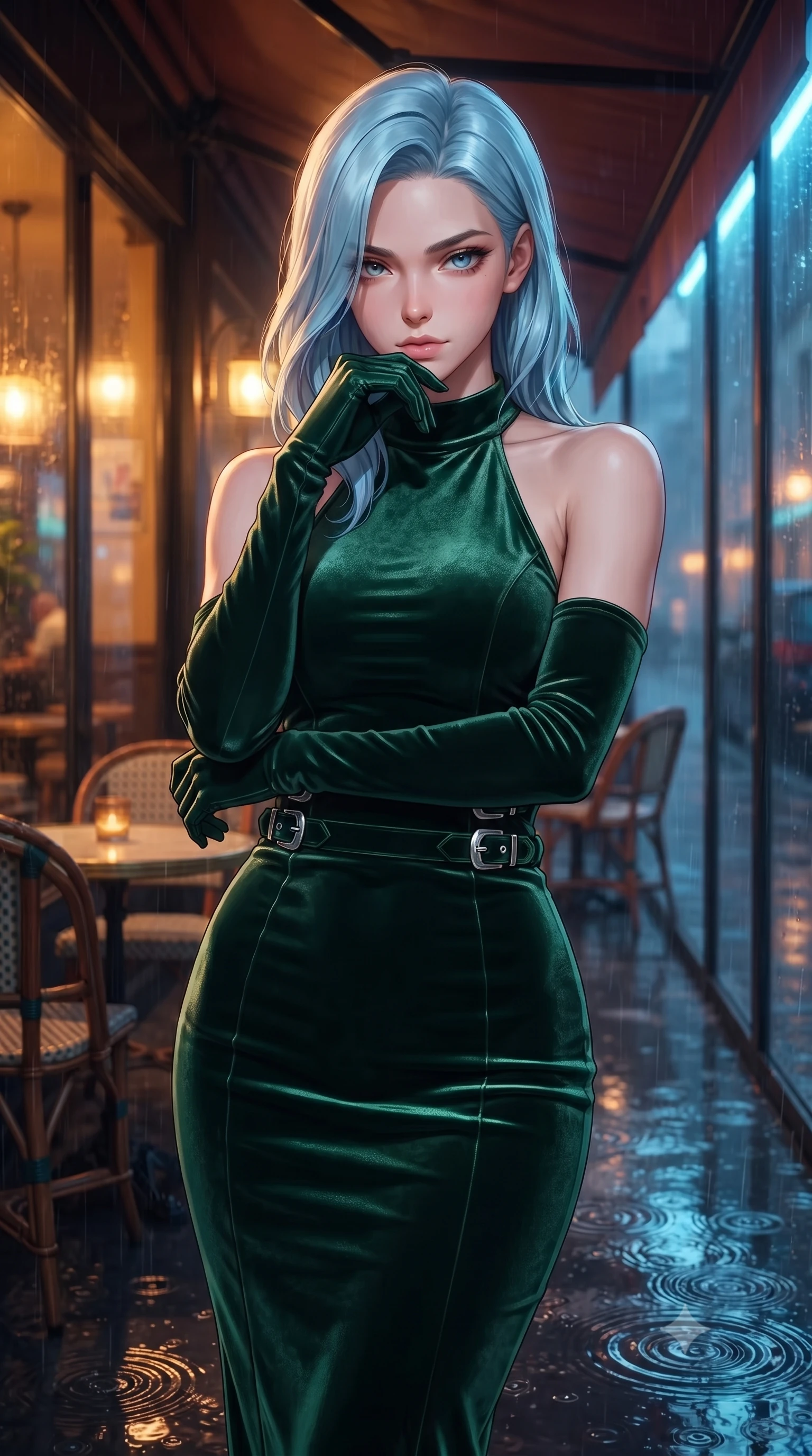 score_9, masterpiece, best quality, ultra-detailed, high-budget anime keyframe, editorial fashion photography, tasteful artistic composition, Korean woman. close-up cowboy shot from the waist and thighs up, the character dominates the composition, filling the frame with her large presence, background elements kept in soft focus. Resting her chin on the backs of her fingers, casting a sharp, mysterious gaze resting on a covered outdoor café terrace as rain drops create ripples nearby, warm indoor cafe glow contrasting beautifully with cool rainy street lighting. She has an exceptionally elegant, slender, and willowy female figure with an ultra-slim waist, a gracefully sculpted slender torso, and a refined silhouette. sharp v-shaped jawline, high-bridge nose, intricate jewel-like eyes with depth, thick eyelashes, glossy lips with a natural sheen. wearing a velvet halter-neck midi dress following her form like a glove in deep emerald green and silver accent, made of premium stretch velvet with a rich sheen, detailed with polished silver buckles along the waistline, the glove-like fit emphasizing her statuesque silhouette. illuminated by warm indoor golden amber light and cool rainy blue neon rim light. highly saturated vibrant anime colors, detailed shading with soft gradients, rich glossy textures, high-contrast stereoscopic depth, volumetric dynamic lighting, master piece, 9:16 ratio