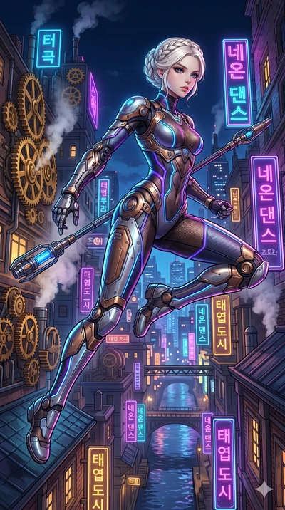 score_9, masterpiece, best quality, ultra-detailed, Set C: High-budget Anime Keyframe, Korean woman. Low angle cowboy shot filling the entire 9:16 frame with her statuesque presence. Leaping across the rooftops of a steampunk city at night with neon 
