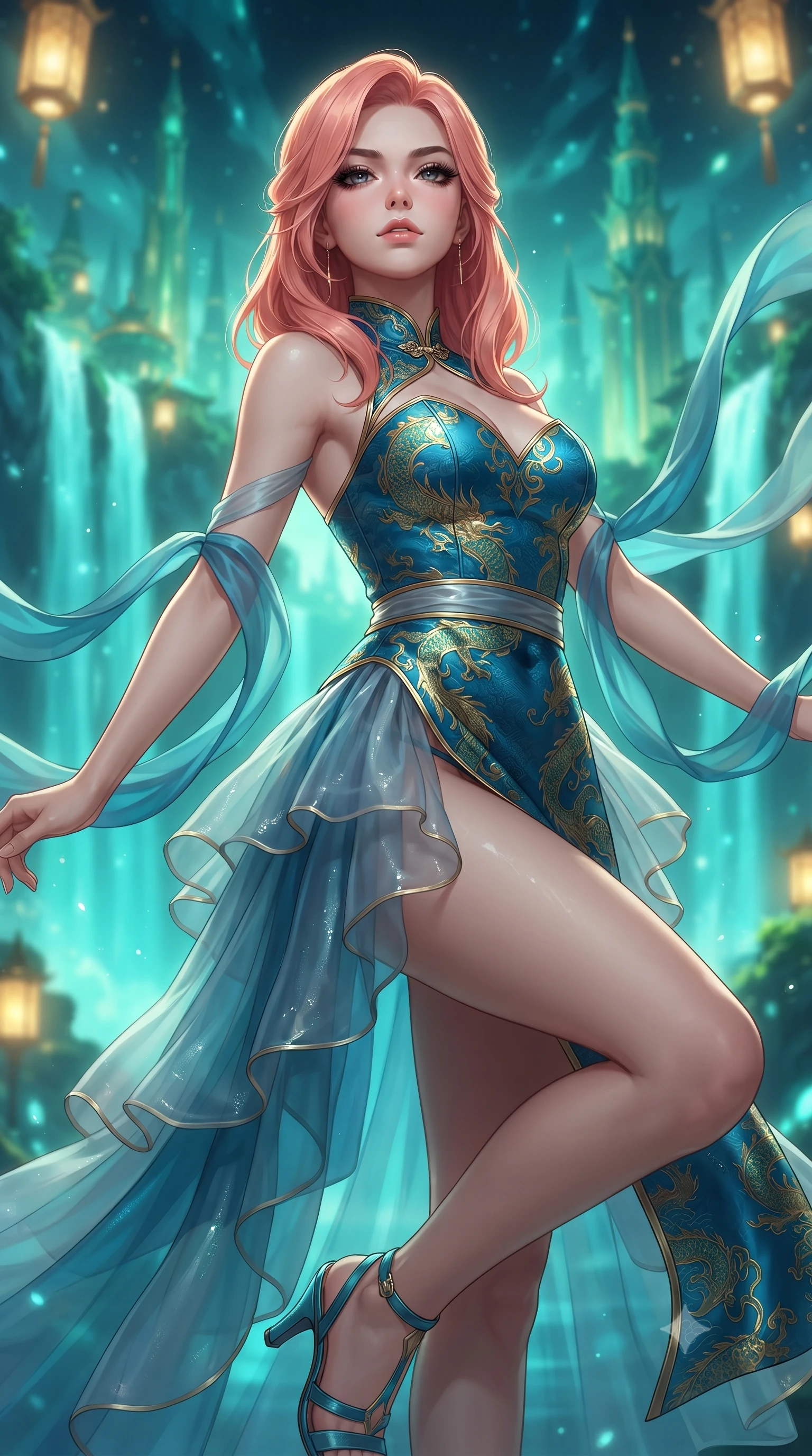 score_9, masterpiece, best quality, ultra-detailed, high-budget anime keyframe, editorial fashion photography, tasteful artistic composition, Japanese woman. close-up cowboy shot from the waist and thighs up, the character dominates the composition, filling the frame with her large presence. tilting her chin up with proud, sovereign confidence while gazing directly into the lens with thick, dark eyelashes while pivoting gracefully as dragon-shaped water streams leap through the air, their cyan glow reflecting on her polished silk attire. The composition keeps background elements in soft focus with creamy bokeh. bioluminescent turquoise waterfalls and towering jade palace spires blurred into glowing emerald, teal, and gold bokeh. She has an exceptionally elegant, slender, and willowy female figure with an ultra-slim waist, a gracefully sculpted slender torso, toned flat midriff, and a refined slim silhouette. sharp v-shaped jawline, high-bridge nose, intricate jewel-like eyes with depth, thick eyelashes, glossy lips with a natural sheen, captivating and magnetic expression, flawlessly proportioned anatomical accuracy, strict slender model proportions, natural body alignment, perfectly sculpted long slender limbs, ultra-slim waistline, clean dynamic posture without body distortion. wearing a jade-inlaid silk bustier dress with multi-tiered translucent organza train and metallic sash in deep azure blue and gold leaf embroidery, made of rich textured jacquard silk with dragon scale weave, complemented by long flowing silk arm ribbons that float weightlessly in the air, the sleek tailored cut tightly hugging her graceful clavicle, narrow waist, and feminine curves with statuesque precision. bathed in luminous cyan dragon spring uplights and warm imperial gold lantern downlights. ultra-reflective glossy finish, specular highlights, rich textural contrasts, high-contrast stereoscopic depth, volumetric dynamic lighting, 2k, ultra detail, master piece, 9:16 ratio