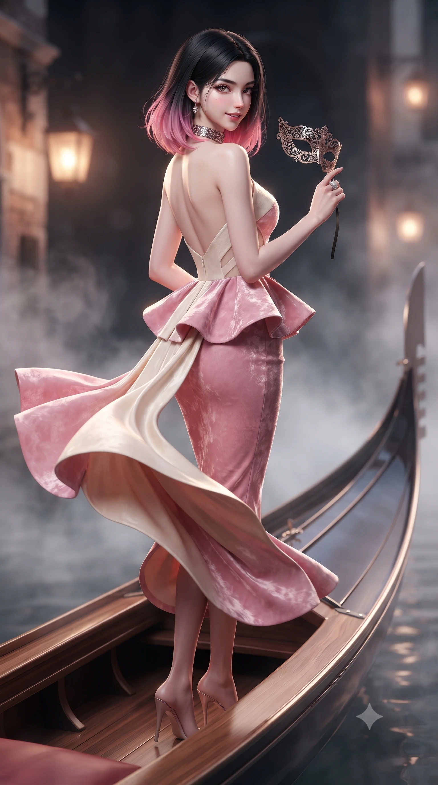 score_9, masterpiece, best quality, ultra-detailed, high-budget anime keyframe, editorial fashion photography, tasteful artistic composition, Korean woman. low angle full-body shot from head to toe showing her feet, filling the entire 9:16 vertical frame with her statuesque presence, stretching her vertical silhouette. executing an elegant mid-motion pivot turn as garments swirl around her slender limbs, glancing over her shoulder with an intoxicating bedroom-gaze while perching sideways on the polished wood gondola gunwale, looking back over a bare shoulder with an alluring, teasing smile as she holds an ornate filigree mask. The composition keeps background elements in soft focus with creamy bokeh. swirling canal mist and flickering lantern glows softened in romantic shallow focus. She has an exceptionally tall and slender model-like 8.5-heads proportion, an ultra-slim waist, a flat toned midriff, narrow delicate ribcage, and beautifully sculpted feminine hips creating a graceful, slim hourglass silhouette without any bulky heaviness, with impossibly long slender legs. sharp v-shaped jawline, high-bridge nose, intricate jewel-like eyes with depth, thick eyelashes, glossy parted lips with a natural sheen, intensely captivating and seductive bedroom-eyes expression, flawlessly proportioned anatomical accuracy, strict slender model proportions, natural body alignment, perfectly sculpted long slender limbs, ultra-slim waistline, clean dynamic posture without body distortion. wearing a structural geometric peplum gown with sheer side-ribbon cutouts and form-fitting skirt in sakura blossom pink and warm ivory, crafted from heavyweight crushed silk velvet with liquid vintage luster, complemented by a bold geometric choker and sparkling cocktail ring, the precision-cut side openings and low-back scoop framing her graceful spine and the sensual sweep of her slim, toned hips. illuminated by crisp specular highlights defining her slender neckline, ultra-slim waist, and curvy hips. ultra-reflective glossy finish, specular highlights, rich textural contrasts, high-contrast stereoscopic depth, volumetric dynamic lighting, 2k, ultra detail, master piece, 9:16 ratio