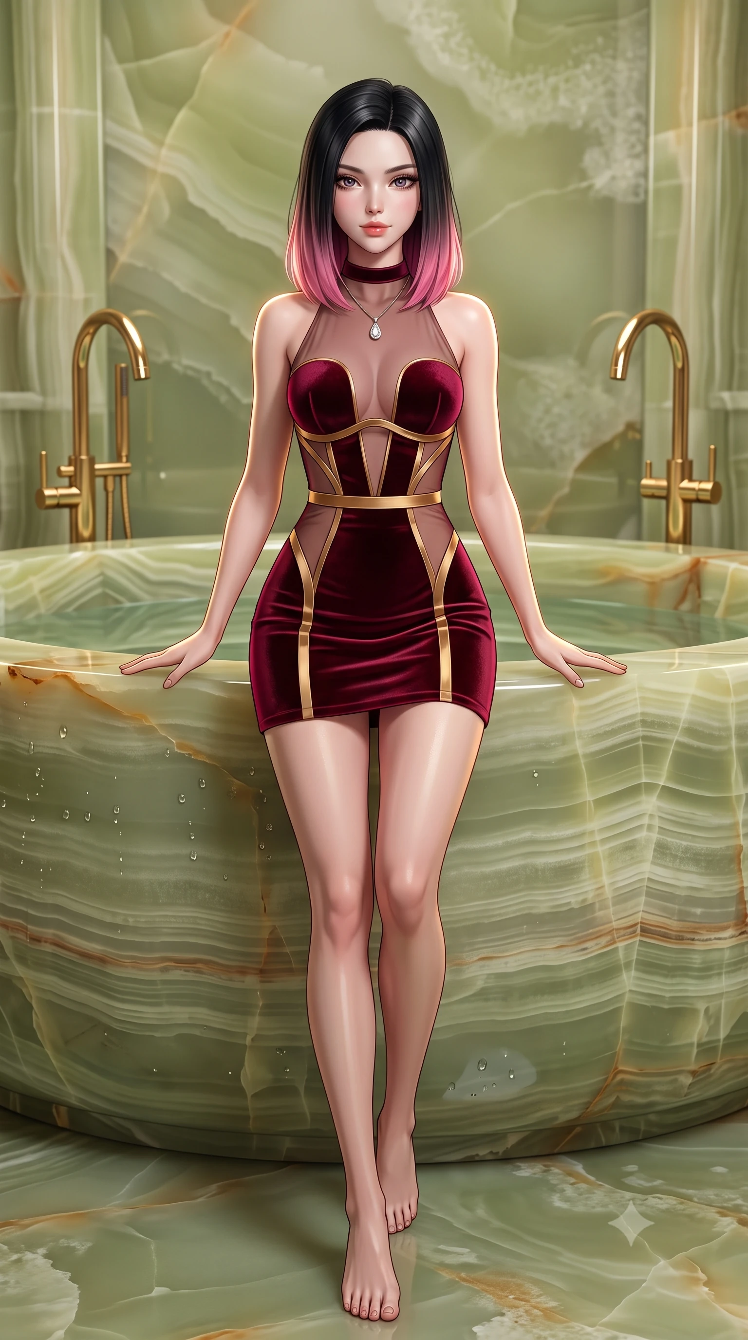 score_9, masterpiece, best quality, ultra-detailed, high-budget anime keyframe, semi-realistic 3D game render, editorial fashion photography, tasteful artistic composition, Korean woman. low angle full-body shot from head to toe showing her feet, filling the entire 9:16 vertical frame with her statuesque presence, stretching her vertical silhouette. stepping slowly toward the camera with hypnotic grace, hips swaying in an alluring sensual rhythm that accentuates her curvy hourglass silhouette and long slender legs while reclining inside the monumental sunken green onyx soaking tub, arching her spine with seductive indulgence against the warm polished stone rim. The surrounding environment is rendered in vivid detail and crisp panoramic clarity: sharp translucent banding in green onyx stone, polished brass gooseneck bath fixtures, and water droplets on stone in deep focus. She has an absolutely perfect, statuesque 8.5-heads proportion, an exceptionally tall and slender model-like female figure with impossibly long slender legs, an ultra-slim waist, a flat toned midriff, narrow delicate ribcage, and beautifully sculpted feminine hips creating a graceful, slim hourglass silhouette without any bulky heaviness. sharp v-shaped jawline, high-bridge nose, sparkling eyes with hypnotic seductive depth, thick curled eyelashes, glossy parted lips with a natural dewy peach sheen, alluring bedroom-eyes with an enchanting coquettish smile, exuding magnetic siren charisma and sophisticated glamour, flawlessly proportioned anatomical accuracy, strict slender model proportions, natural body alignment, perfectly sculpted long slender limbs, ultra-slim waistline, clean dynamic posture without body distortion. wearing a provocative high-neck sheer illusion cocktail dress with liquid satin ribbons contouring her curves in Vienna imperial bordeaux and Habsburg gold, tailored from ultra-plush velvet with rich tactile depth and deep shadow gradients, finished with a thin velvet ribbon choker and a single teardrop diamond pendant, the liquid-tight tailored fabric clinging flawlessly to her narrow waist and rounded feminine hips, emphasizing every millimeter of her sculpted slim hourglass curves without any bulky heaviness. illuminated by polished stone reflection fill and sharp champagne-gold rim lights sculpting her jawline, narrow waist, and curvy hips. highly saturated vibrant anime colors, detailed shading with soft gradients, rich glossy textures, high-contrast stereoscopic depth, volumetric dynamic lighting, master piece, 9:16 ratio