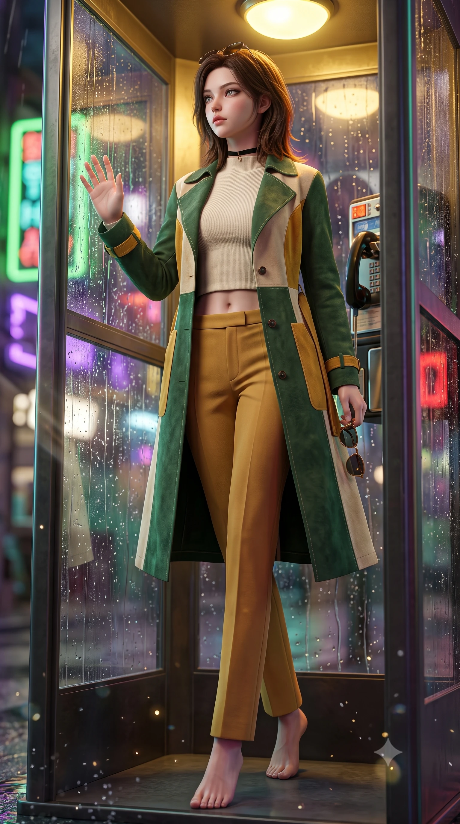 score_9, masterpiece, best quality, ultra-detailed, high-budget anime keyframe, semi-realistic 3D game render, editorial fashion photography, tasteful artistic composition, Korean woman. low angle full-body shot from head to toe showing her feet, filling the entire 9:16 vertical frame with her statuesque presence, stretching her vertical silhouette. stepping forward gracefully in mid-motion, displaying her toned flat midriff and flawlessly sculpted slender limbs while pressing her palm lightly against the rain-streaked glass, gazing out into the neon-lit street with wistful, romantic eyes. The composition keeps background elements in soft focus with creamy bokeh. refracted telephone booth light rays and splashing puddle ripples scattering shimmering light motes. She has an absolutely perfect, statuesque 8.5-heads proportion, an exceptionally tall and slender model-like female figure with impossibly long slender legs, a toned flat midriff, and an ultra-slim waist. sharp v-shaped jawline, high-bridge nose, intricate jewel-like eyes with depth, thick eyelashes, glossy lips with a natural sheen, captivating and magnetic expression, flawlessly proportioned anatomical accuracy, strict slender model proportions, natural body alignment, perfectly sculpted long slender limbs, ultra-slim waistline, clean dynamic posture without body distortion. wearing a stylish retro suede trench coat over a fitted mock-neck knit top and high-waist tailored slacks in forest green, cream, and mustard yellow, tailored from velvety soft genuine suede with classic stitched seams, finished with a delicate black velvet ribbon choker and vintage sunglasses, the precision-cut daring openings accentuating her delicate midriff, graceful bare collarbones, and ultra-slim feminine waistline. bathed in cozy yellow interior phone booth lamp light contrasting with cool neon street reflections outside. highly saturated vibrant anime colors, detailed shading with soft gradients, rich glossy textures, high-contrast stereoscopic depth, volumetric dynamic lighting, master piece, 9:16 ratio
