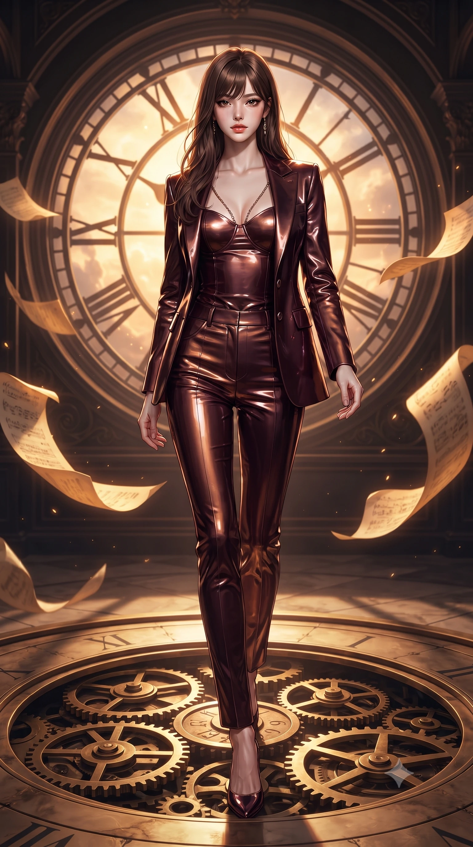 score_9, masterpiece, best quality, ultra-detailed, high-budget anime keyframe, editorial fashion photography, tasteful artistic composition, Korean woman. low angle full-body shot from head to toe showing her feet, filling the entire 9:16 vertical frame with her statuesque presence, stretching her vertical silhouette. stepping forward with proud posture, filling the vertical frame with her magnetic presence surrounded by floating antique brass gears and glowing golden parchment scrolls, dramatic twilight amber light streaming through the giant clock window. She has an absolutely perfect, statuesque 8.5-heads proportion, an exceptionally tall and slender model-like female figure with impossibly long slender legs and an ultra-slim waist. sharp v-shaped jawline, high-bridge nose, intricate jewel-like eyes with depth, thick eyelashes, glossy lips with a natural sheen. wearing a tailored silk blazer over a form-contouring top and fitted slacks in deep burgundy and bronze, tailored from high-gloss patent leather, adorned with delicate metallic chain straps along the neckline, the form-contouring material highlighting her ultra-slim waist and long lines. bathed in warm twilight amber backlighting and rich metallic specular glow. ultra-reflective glossy finish, specular highlights, metallic sheen, high-contrast stereoscopic depth, volumetric dynamic lighting, 2k, ultra detail, master piece, 9:16 ratio