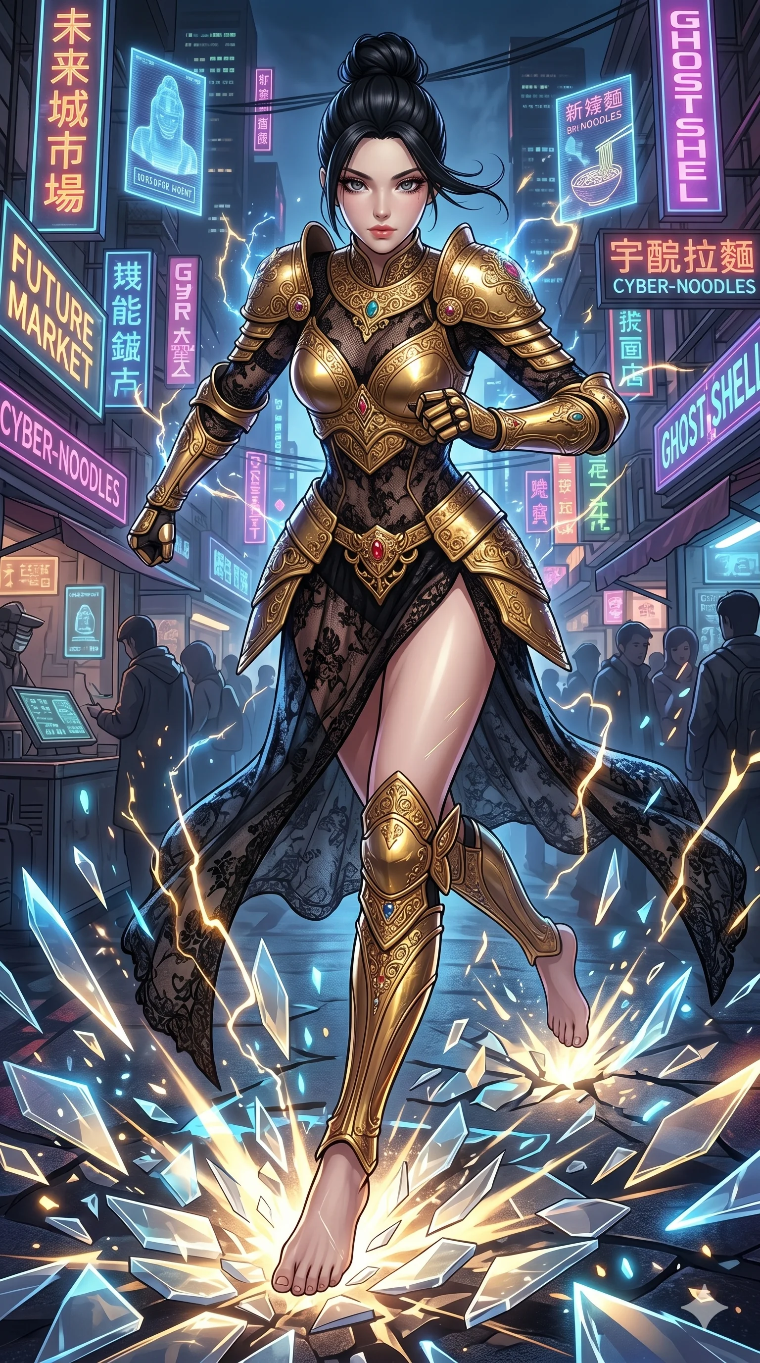 score_9, masterpiece, best quality, ultra-detailed, Set A: High-budget Anime Keyframe, Caucasian (strictly human ears) woman. Low angle cowboy shot filling the entire 9:16 frame with her statuesque presence. Sprinting through a futuristic night market, as the ground beneath her turns into 271 shards of light and surrounded by glowing energy sparks. She has an absolutely perfect 8-heads proportion, an exceptionally tall and slender female figure with impossibly long slender legs and an ultra-slim waist. Sharp v-shaped jawline, high-bridge nose, intricate jewel-like eyes with depth, thick eyelashes, glossy lips with a natural sheen. Wearing Ornate gold plate armor over a sheer black lace gown with a high-slit. Cinematic lighting, vibrant colors, dramatic shadows, 2k, ultra detail, master piece, 9:16 ratio