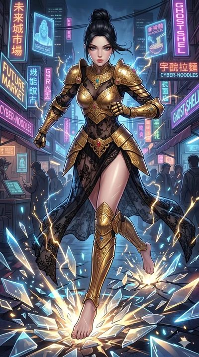 score_9, masterpiece, best quality, ultra-detailed, Set A: High-budget Anime Keyframe, Caucasian (strictly human ears) woman. Low angle cowboy shot filling the entire 9:16 frame with her statuesque presence. Sprinting through a futuristic night marke