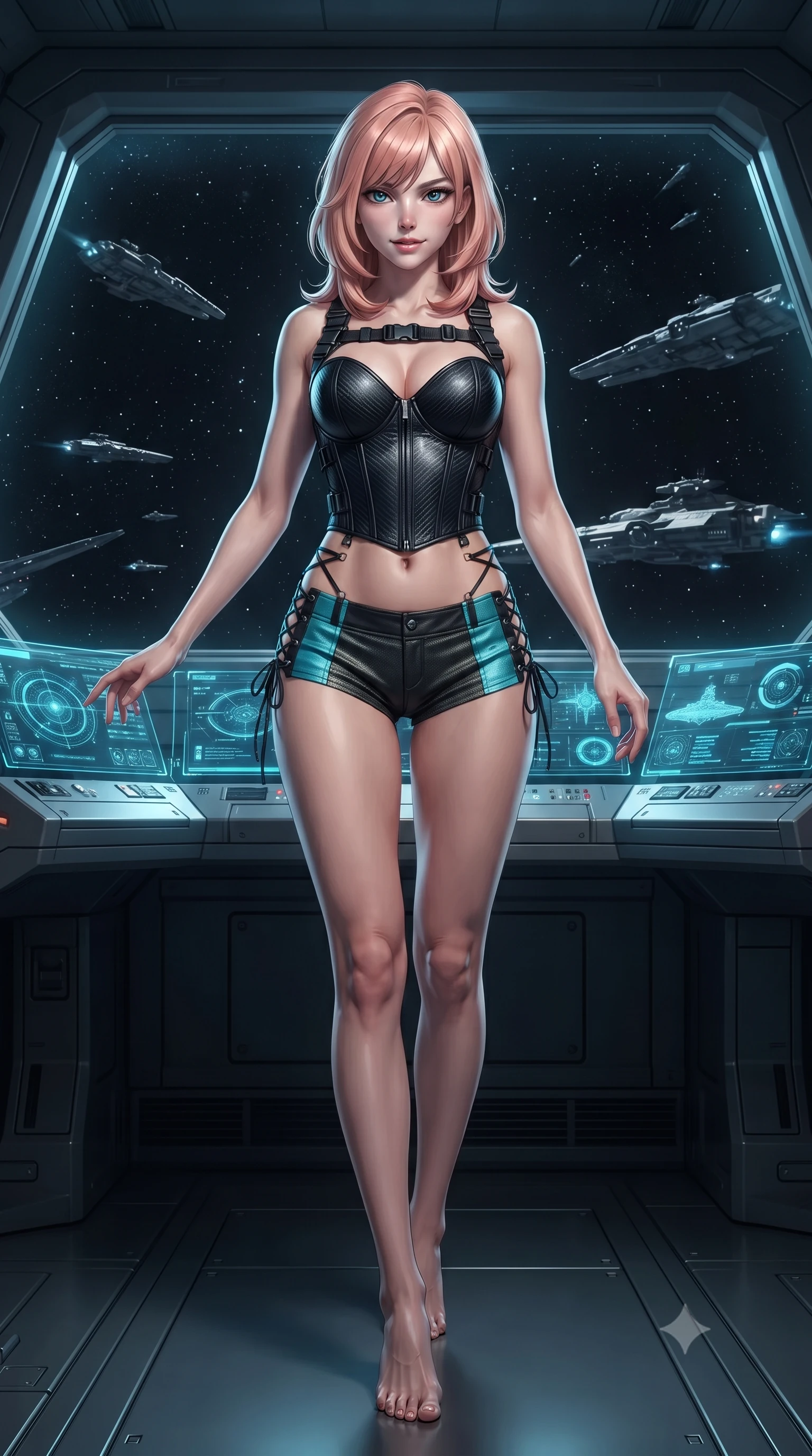 score_9, masterpiece, best quality, ultra-detailed, high-budget anime keyframe, editorial fashion photography, tasteful artistic composition, Japanese woman. low angle full-body shot from head to toe showing her feet, filling the entire 9:16 vertical frame with her statuesque presence, stretching her vertical silhouette. stepping slowly toward the camera with hypnotic grace, hips swaying in an alluring sensual rhythm that accentuates her curvy hourglass silhouette and long slender legs while leaning against the glowing holographic tactical plot console with hips cocked back, looking through the forward viewport at drifting battlecruisers with smoldering bedroom-eyes. The surrounding environment is rendered in vivid detail and crisp panoramic clarity: sharp brushed titanium console bezels, crisp holographic vector graphics, and razor-sharp starfield details through panoramic armor-glass in deep focus. She has an exceptionally tall and slender model-like 8.5-heads proportion, an ultra-slim waist, a flat toned midriff, narrow delicate ribcage, and beautifully sculpted feminine hips creating a graceful, slim hourglass silhouette without any bulky heaviness, with impossibly long slender legs. sharp v-shaped jawline, high-bridge nose, intricate jewel-like sparkling eyes with depth, thick eyelashes, glossy parted lips with a natural peach sheen, bright cheerful beaming smile with an enchanting and coquettish sensual glint, exuding both youthful cute charm and seductive allure, flawlessly proportioned anatomical accuracy, strict slender model proportions, natural body alignment, perfectly sculpted long slender limbs, ultra-slim waistline, clean dynamic posture without body distortion. wearing a sculpted carbon-fiber underwire crop corset with tactical buckle straps paired with low-rise micro shorts in tactical obsidian black and high-voltage cyan, tailored from high-density tech-wool with subtle metallic thread weave, featuring fine criss-cross lace-up side ties revealing tantalizing glimpses of her hip curve, the bespoke structured tailoring following the natural line of her 8.5-heads silhouette with refined elegance. illuminated by Earth albedo reflection bounce and sharp ion-cyan rim lights sculpting her razor-sharp jawline, narrow waist, and curvy hips. ultra-reflective glossy finish, specular highlights, rich textural contrasts, high-contrast stereoscopic depth, volumetric dynamic lighting, 2k, ultra detail, master piece, 9:16 ratio